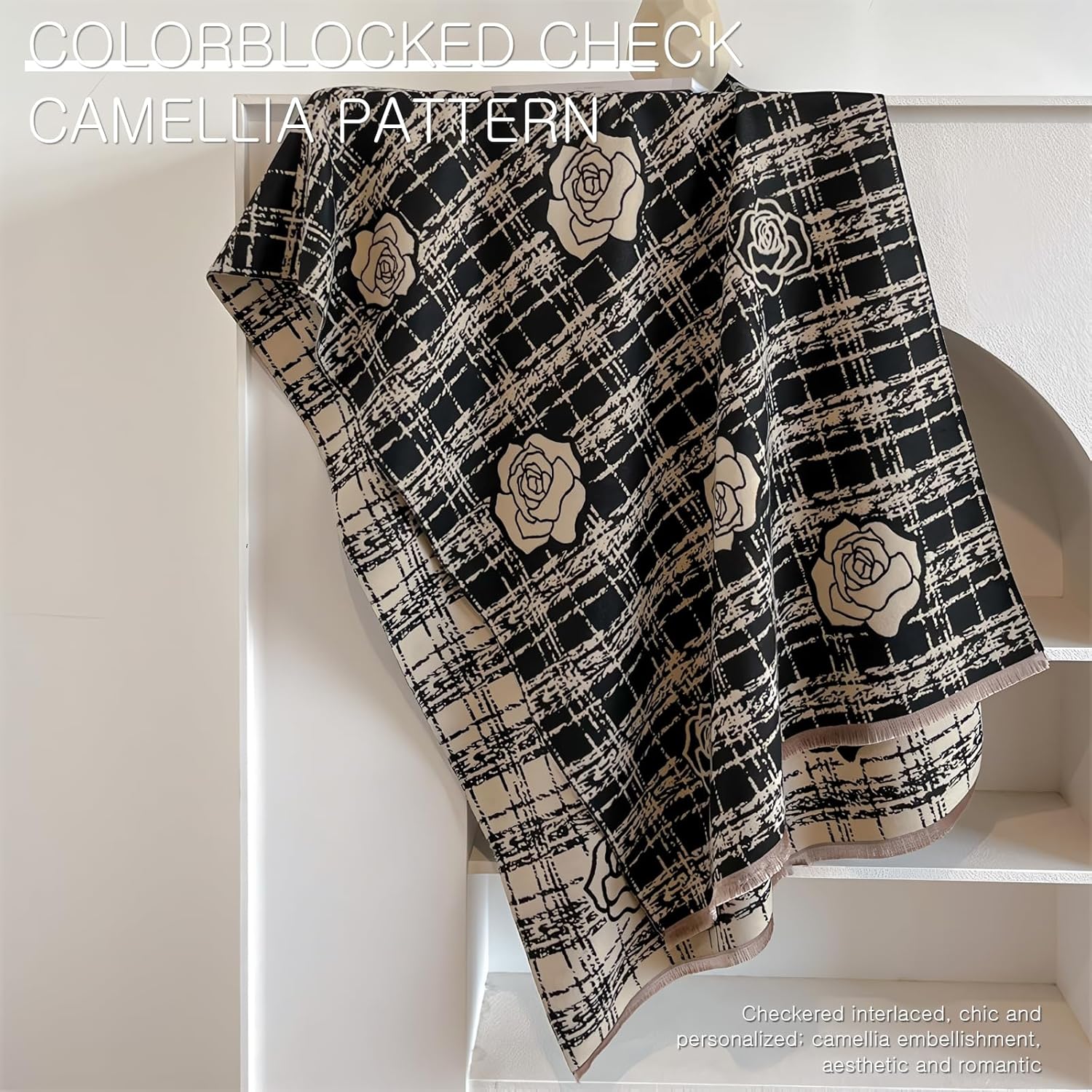 LumiSyne Winter Scarf Women Pashmina Shawls And Wraps Romantic Checked Camellia Pattern Reversible Cashmere Scarf With Tassel - Image 3