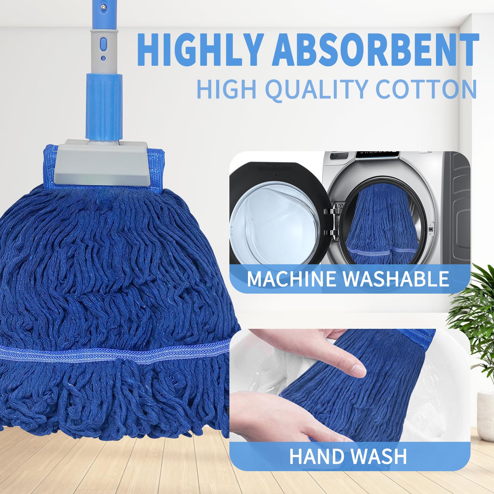 Fregona industrial resistente con 2 almohadillas para fregona, limpieza de suelos húmedos con extremo en bucle, color azul