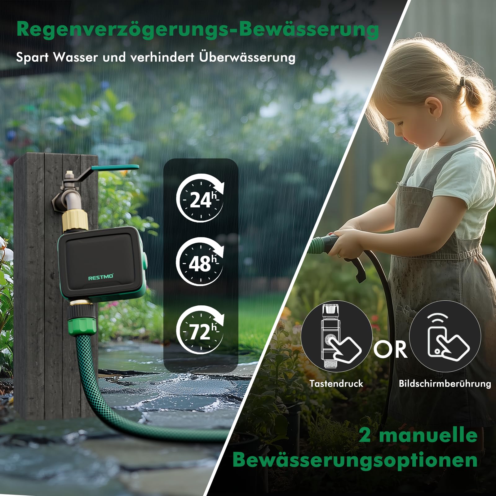 Ordenador de riego de 1 Zona con Bluetooth+Wi-Fi Integrado y Control de aplicación, automático/Manual/retardo de Lluvia, Temporizador de riego para Manguera de jardín, Grifo Exterior, césped