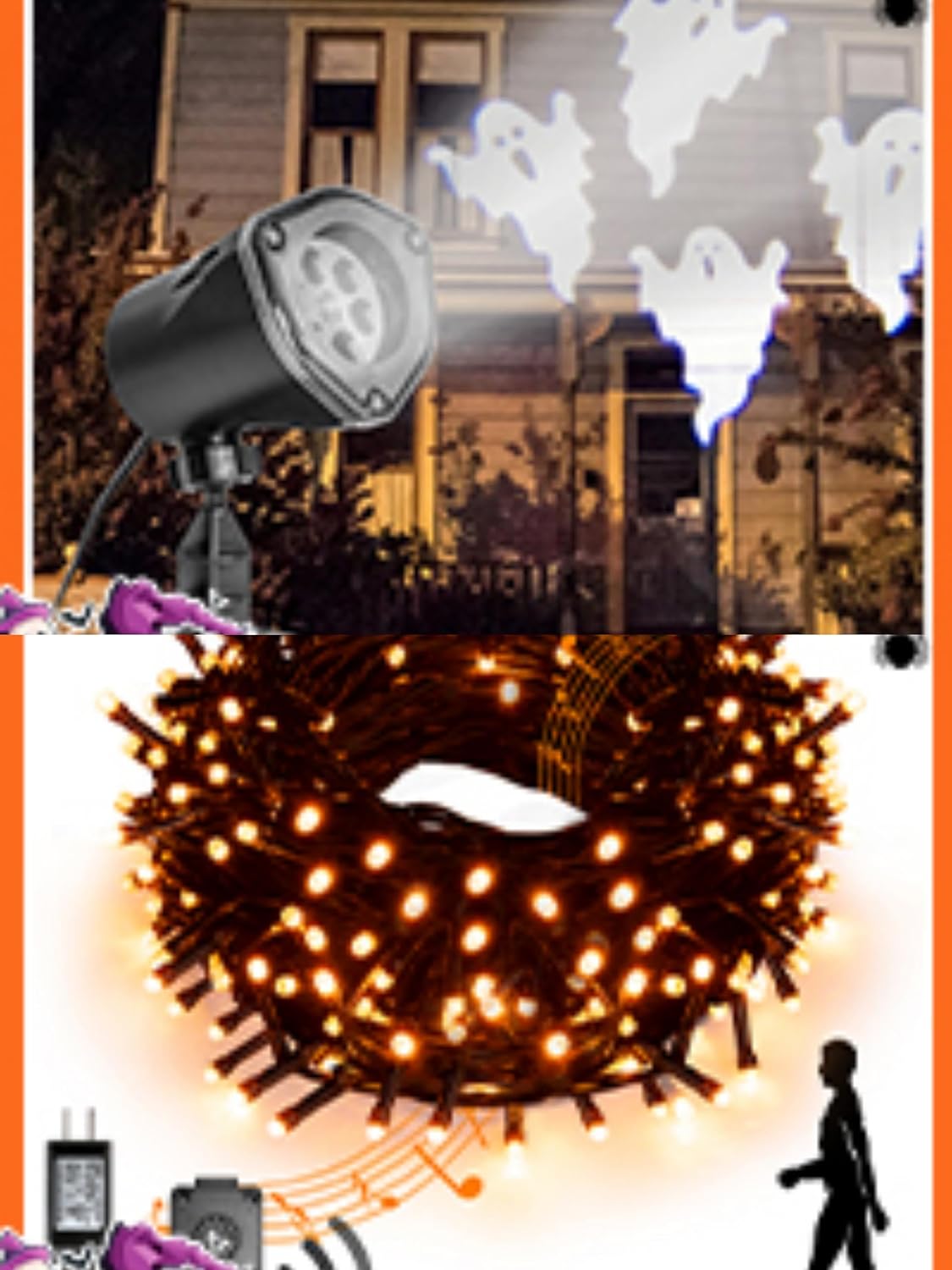 Halloween Projector Lights, Rotating Ghost Projector Halloween, Waterproof Outdoor Halloween Projector and Halloween Lights, 82 FT 200 LED Orange String Lights, Motion Sensor Halloween Decorations