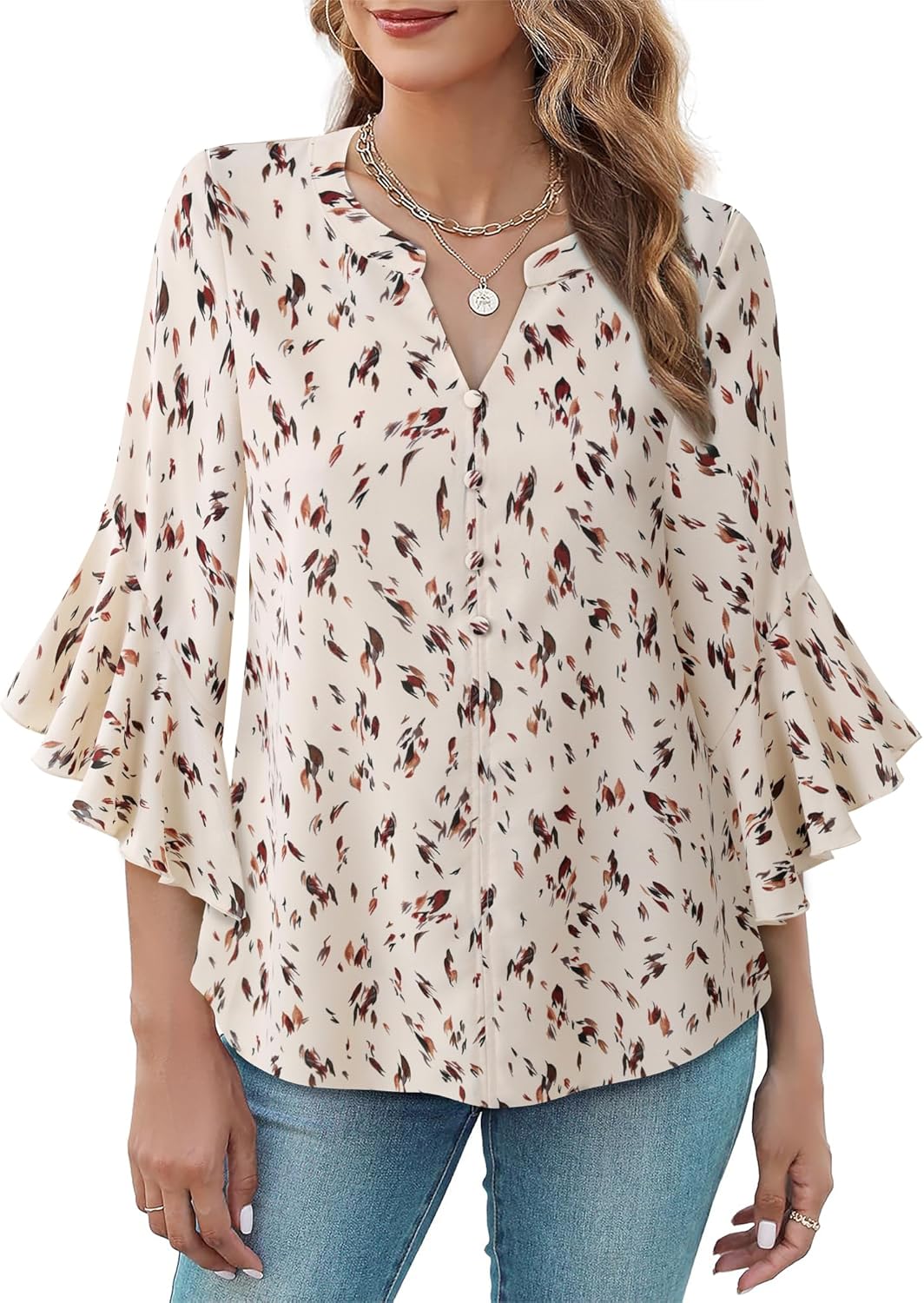 Bebonnie Womens Tops Dressy Casual Ruffle 3/4 Sleeve Henley V Neck Chiffon Blouses with Buttons - Image 2