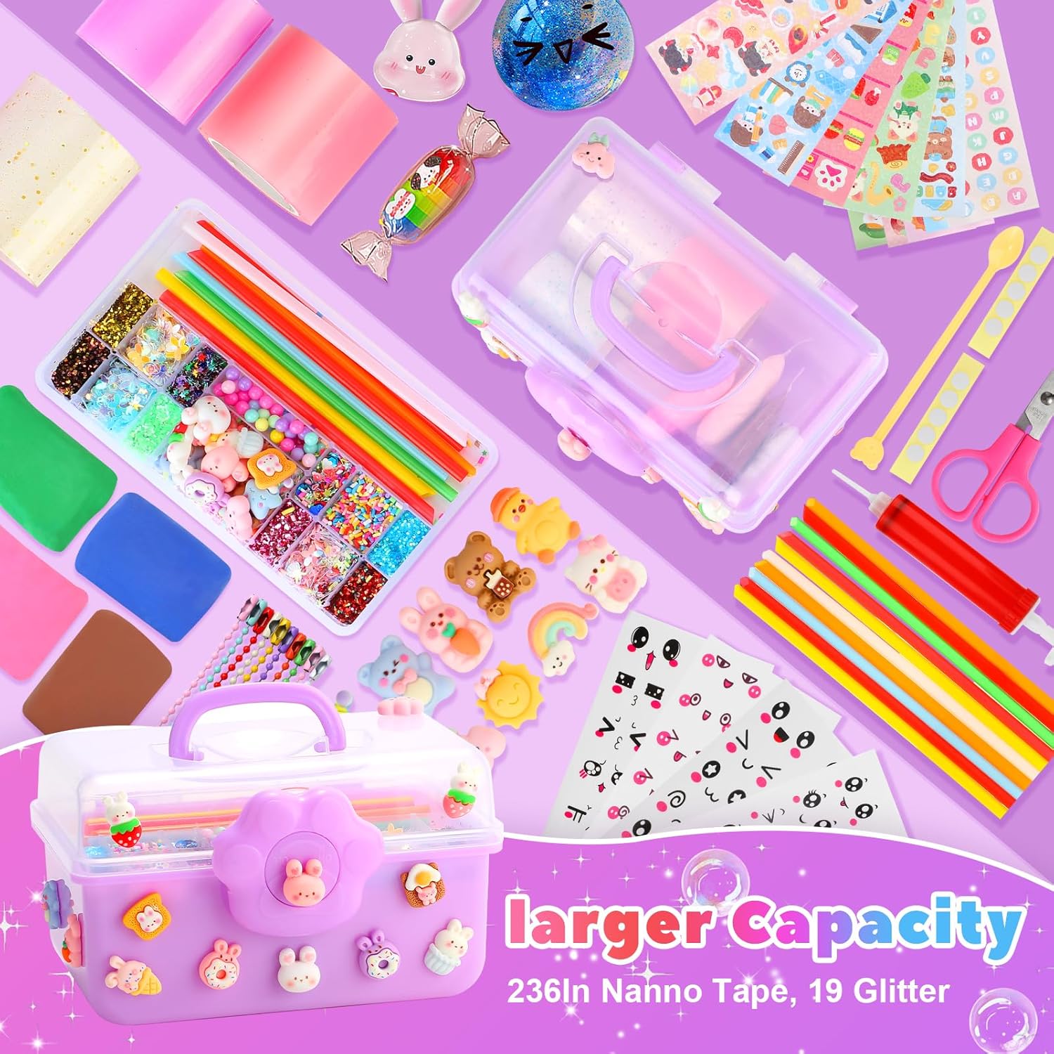 Nano Tape Bubble Kit for Kids with Box, 19.7Ft Nano Tape Squishy Maker with Glitter, Clay, Beads, Stickers and Tutorials, Gifts for Boys Girls Aged 4, 5, 6, 7, 8, 9 Years Old