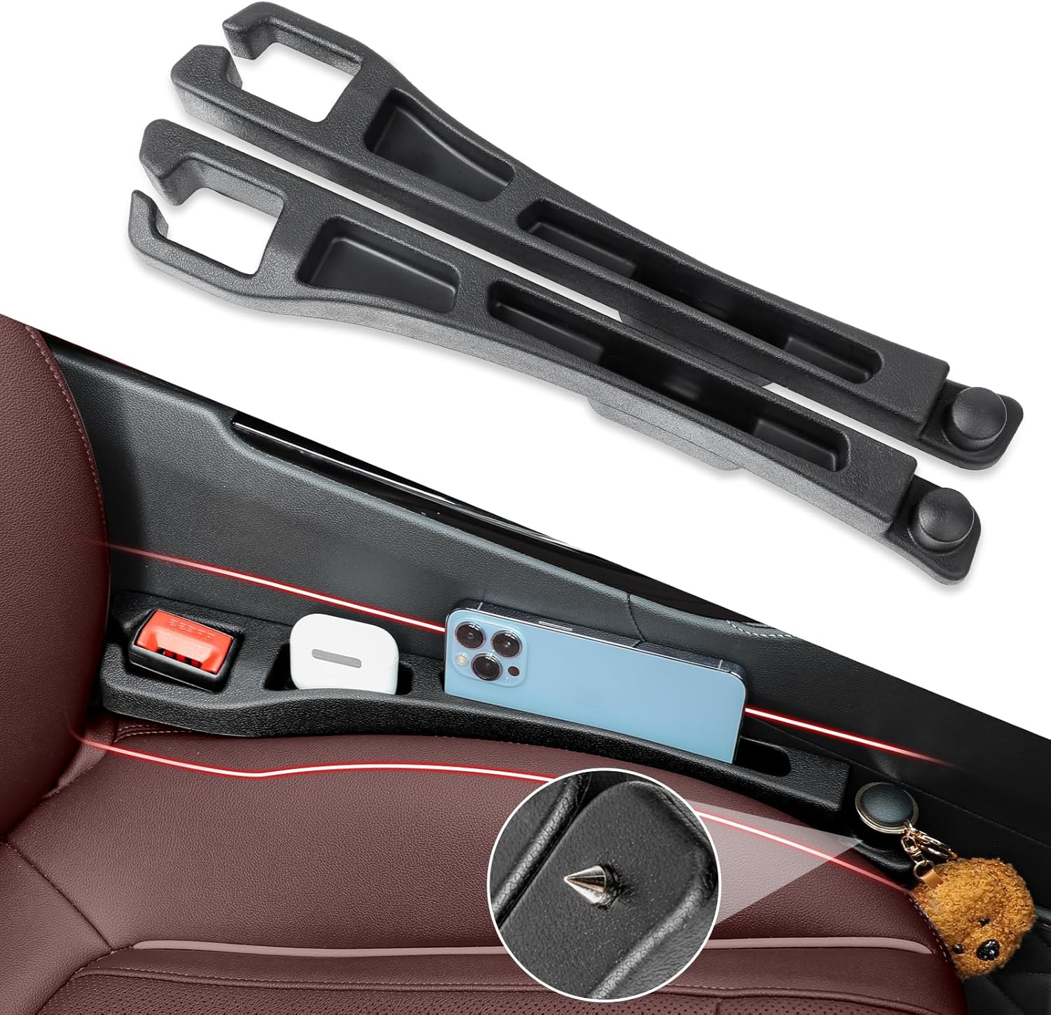 2PCS Car Seat Gap Filler Organizer 4In1 Between Seat & Console Inserts Gap Stopper Plug with Fill,Storage,Hook Function & Concealed Small Hammer,Upgraded Universal No Drop Seat Guard for Cars (Black)