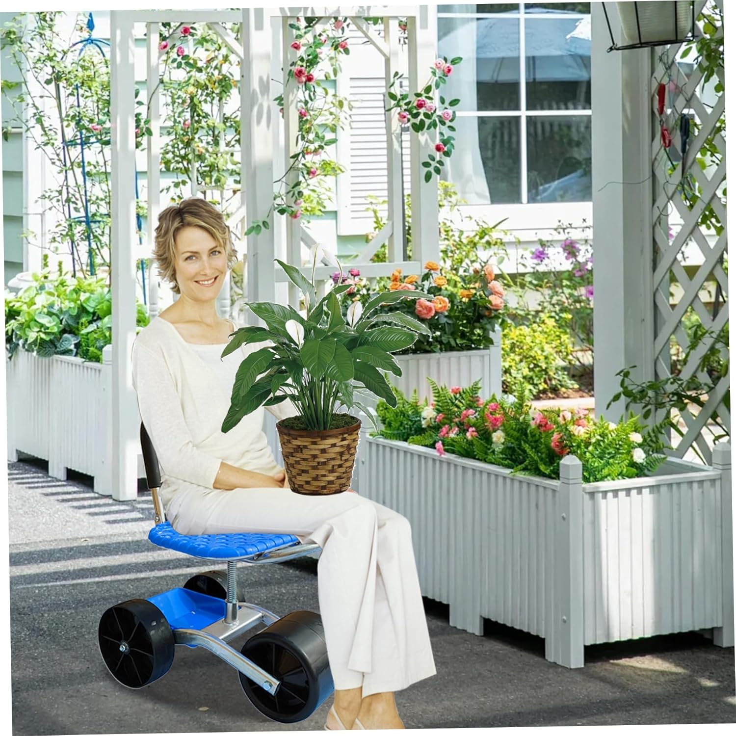 Garden Seat with Wheels, 360° Swivel＆Adjustable Height Garden Stool with Wheels, Heavy Duty Rolling Seat with Foldable Backrest and Storage Basket for Patio Yard Outdoor, Tools