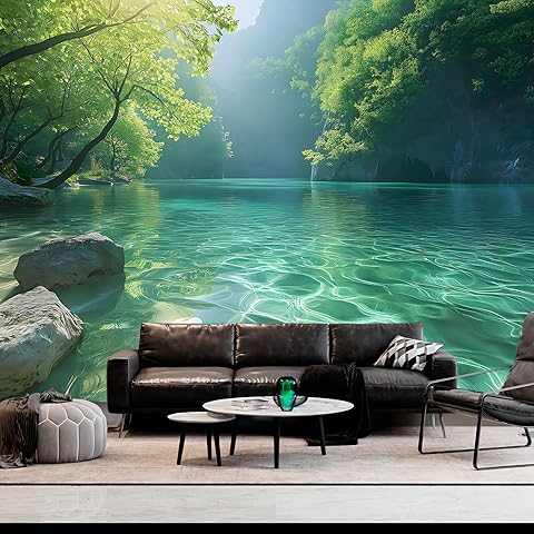 BSFHH Nature Tapestry Forest Tree Sea Cave Wall Hanging, Stream Through Rainforest Landscape Wall Art Tapestry for Bedroom Living room (Lake View, 90