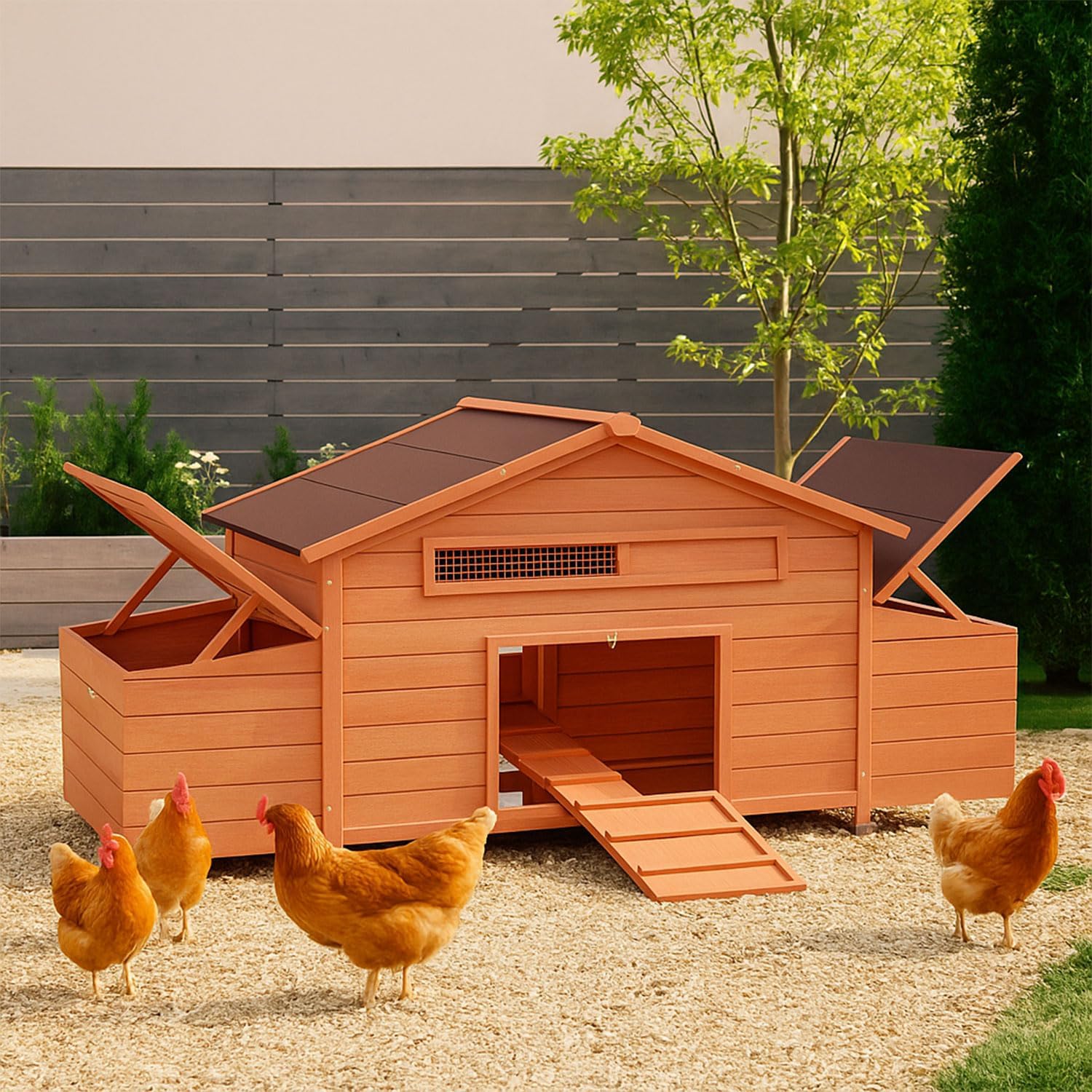 68" Large Wooden Chicken Coop for 4-6 Chickens, Outdoor Hen House with 4 Nesting Boxes, Leakproof Tray and Ventilation, Insulated Weatherproof Chicken Cage for Farm, Backyard