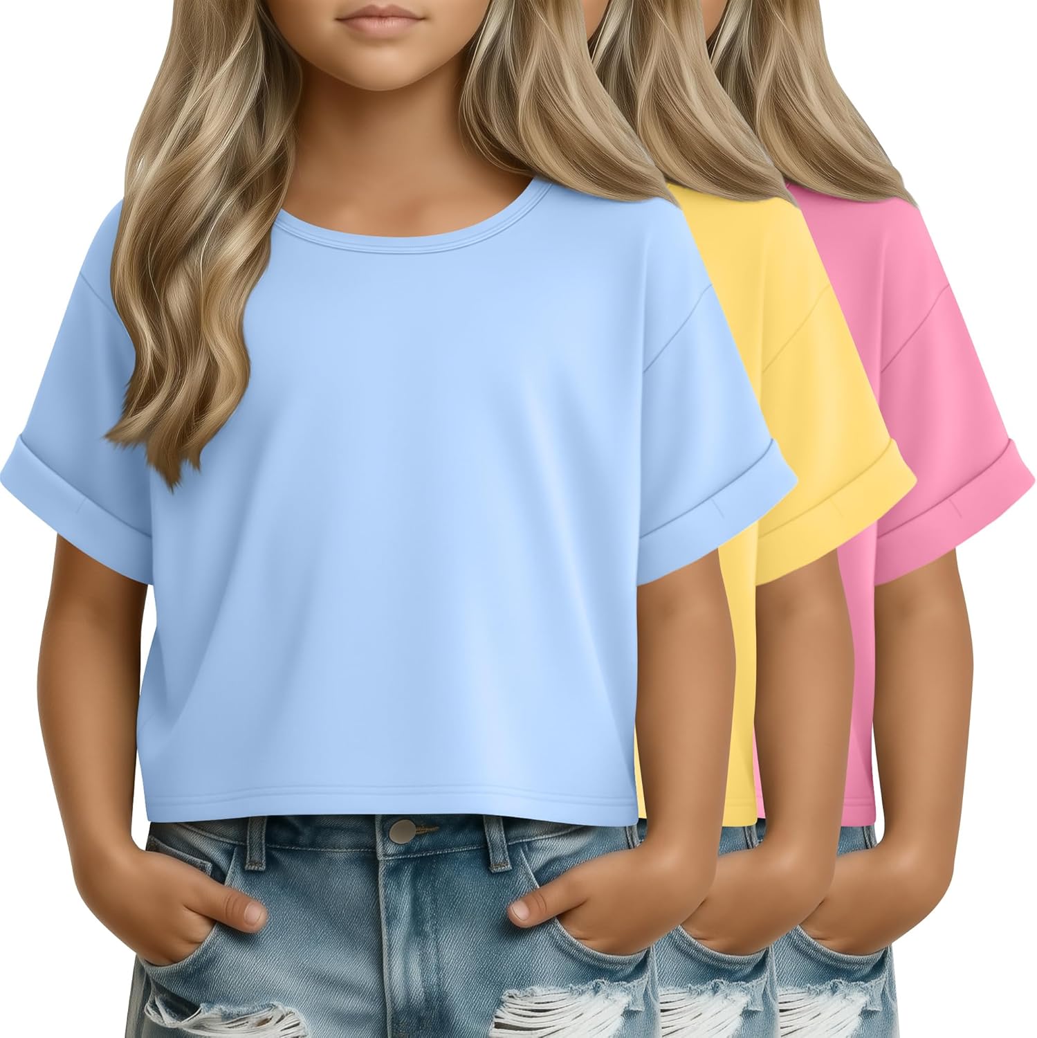 3 Pack Girl's Crop Tops Basic Short Sleeve T-Shirts Summer Oversized Crewneck Shirt Casual Loose Rolled Sleeve Tee