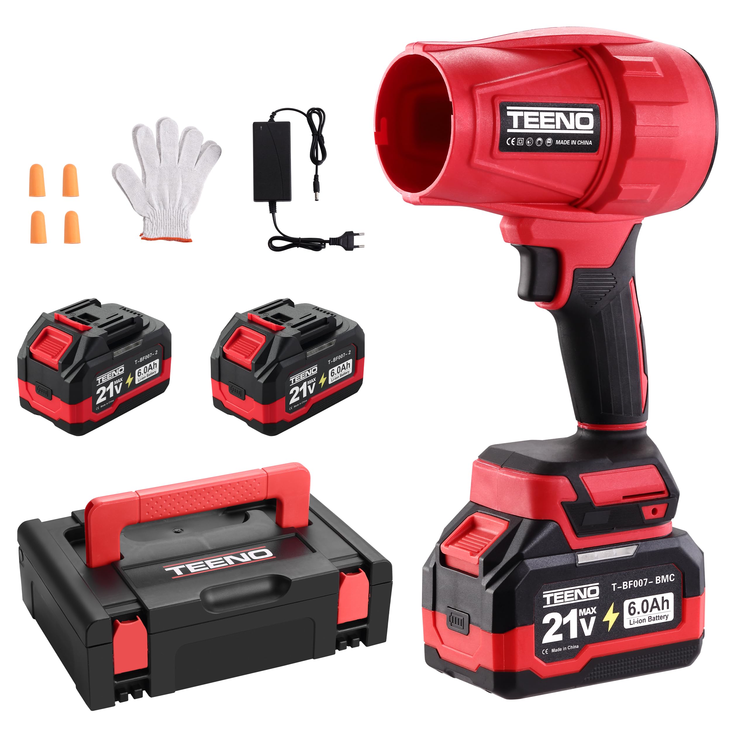 Soplador de hojas inalámbrico TEENO, 31000 TR/Min, 2 x 6,0 Ah baterías, cargador y caja de herramientas, tres modos de velocidad, compatible con baterías Makita, ideal para terraza, callejones y