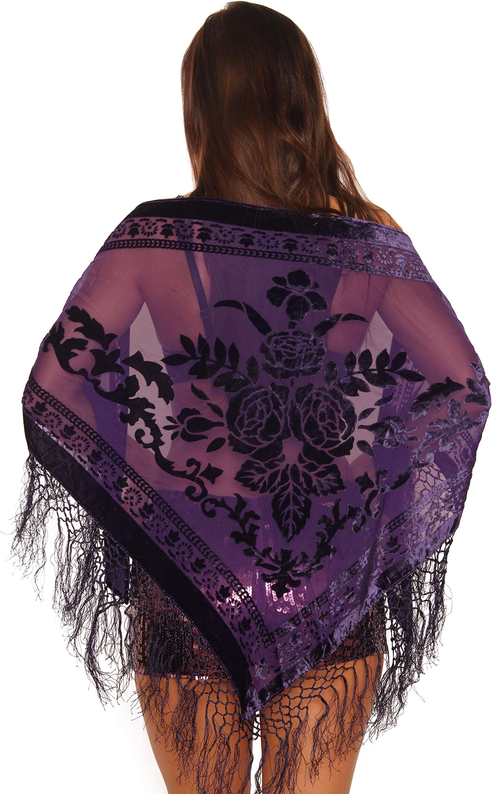 Velvet Burnout Shawl Wrap With Fringe