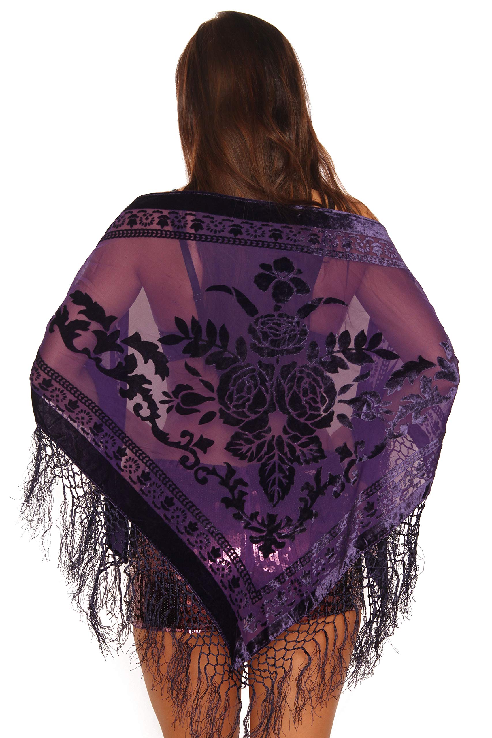 Velvet Burnout Shawl Wrap With Fringe