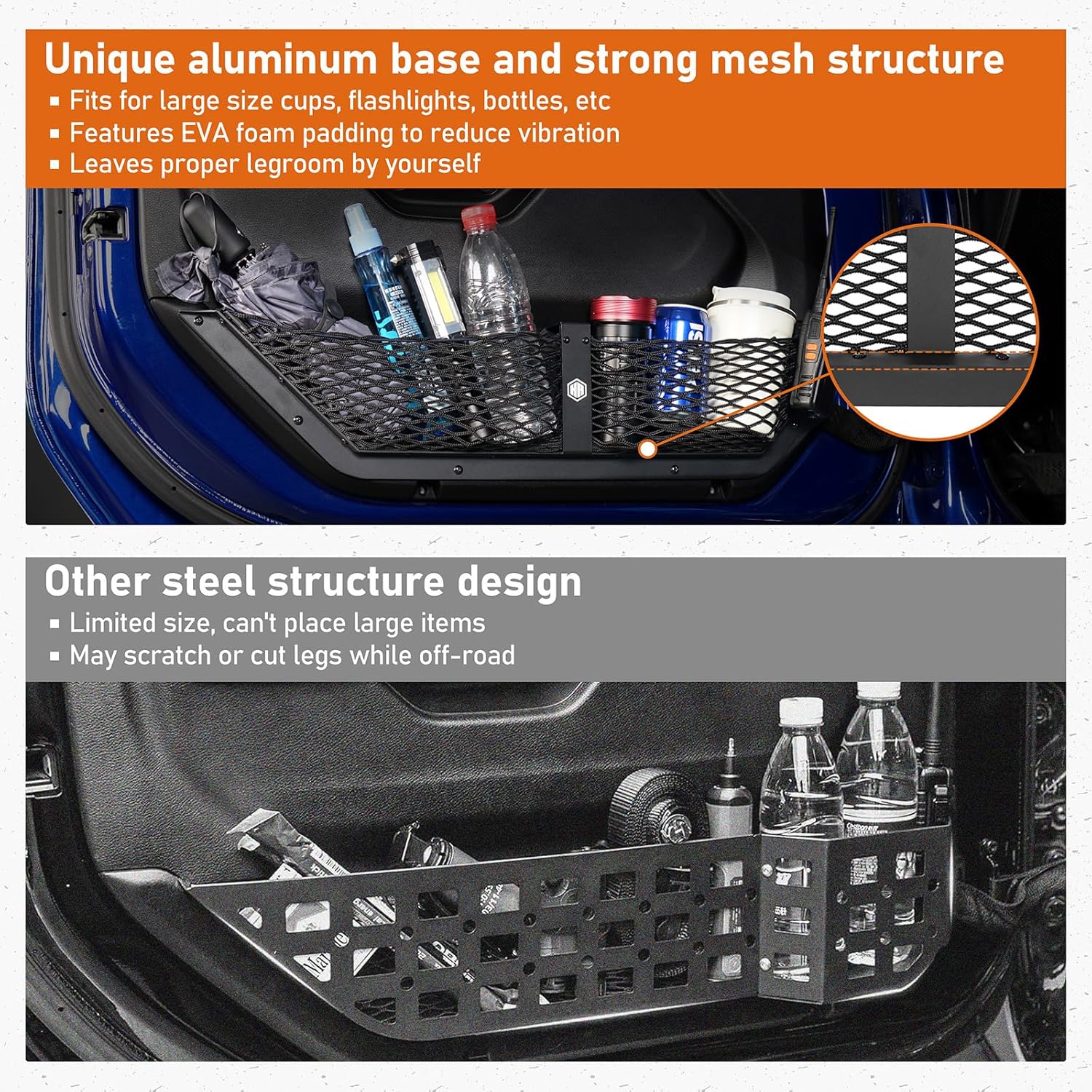Hooke Road Front Door Pocket Storage Mesh Cargo Net for 2018-2026 Jeep Wrangler JL & 2020-2026 Gladiator JT Accessories (Manual Seat Only), 2 PCS Door Side Insert Organizer Alimunim Base