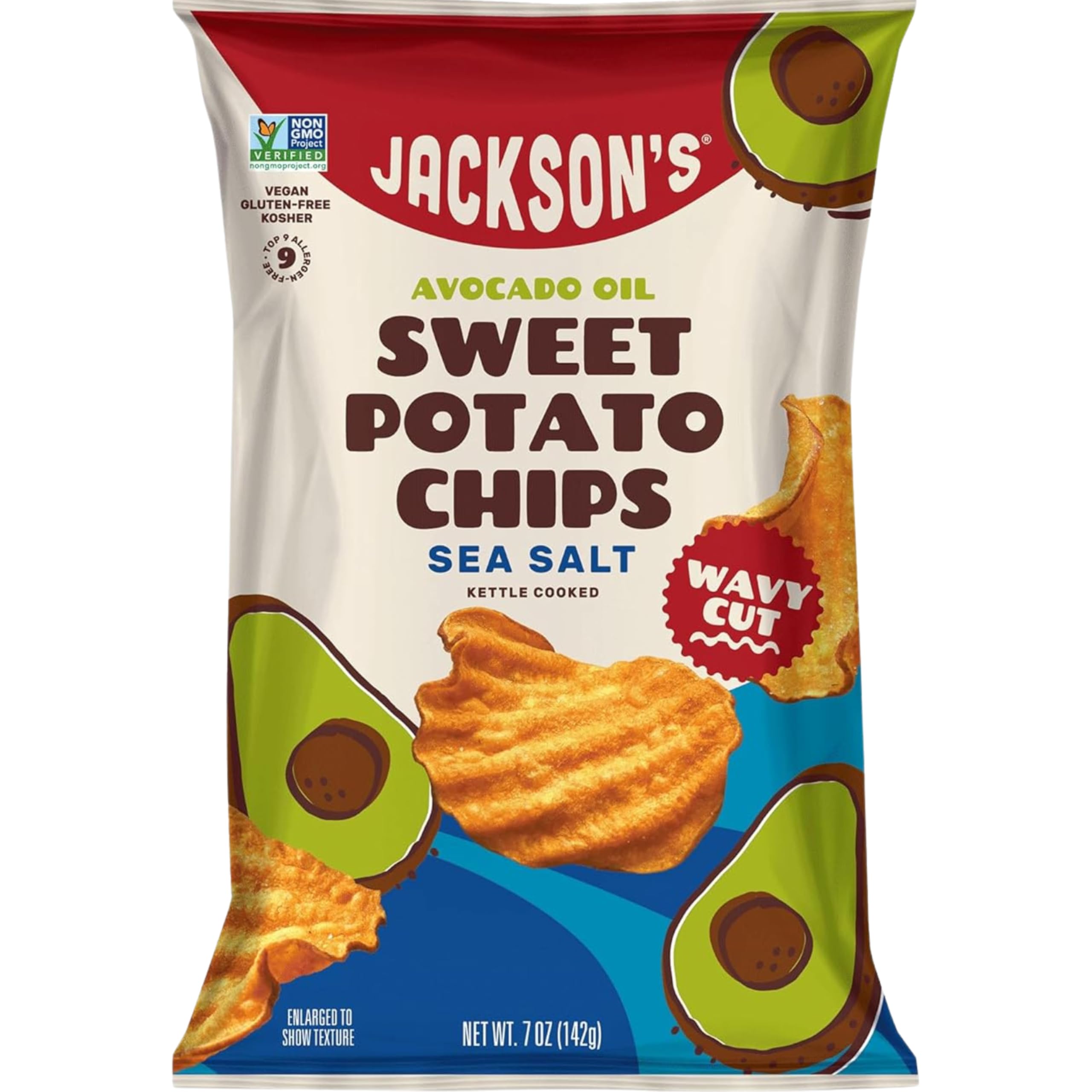 Jackson’s Wavy Sweet Potato Kettle Chips - with Sea Salt made with Premium Avocado Oil (7oz, Pack of 6) - Allergen-friendly, Gluten Free, Peanut Free, Vegan, Paleo Friendly - Shark Tank Product
