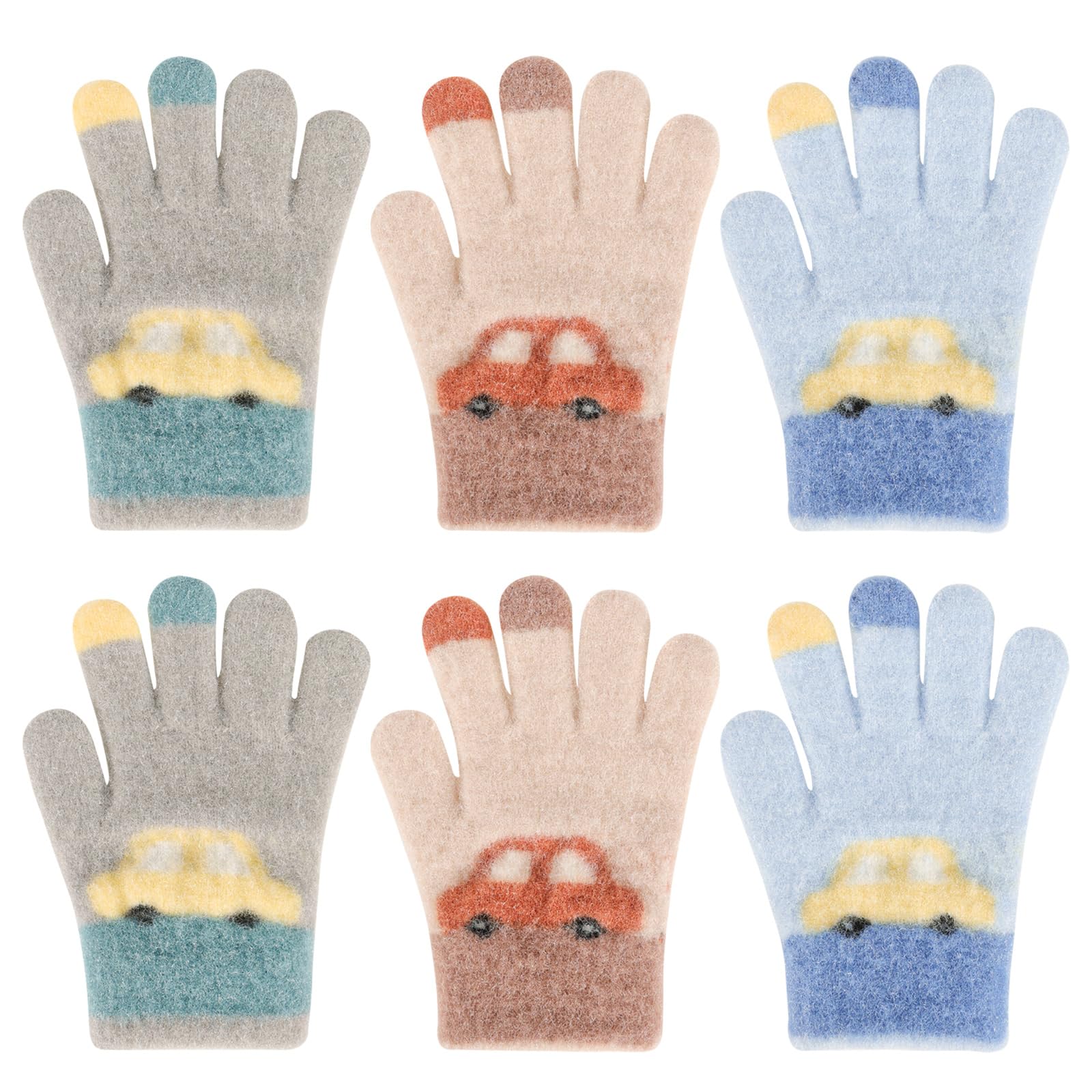 Lot de 3 paires de gants magiques pour enfants motif voiture, gants tricotés chauds et élastiques, mitaines d'hiver, 2-5 ans