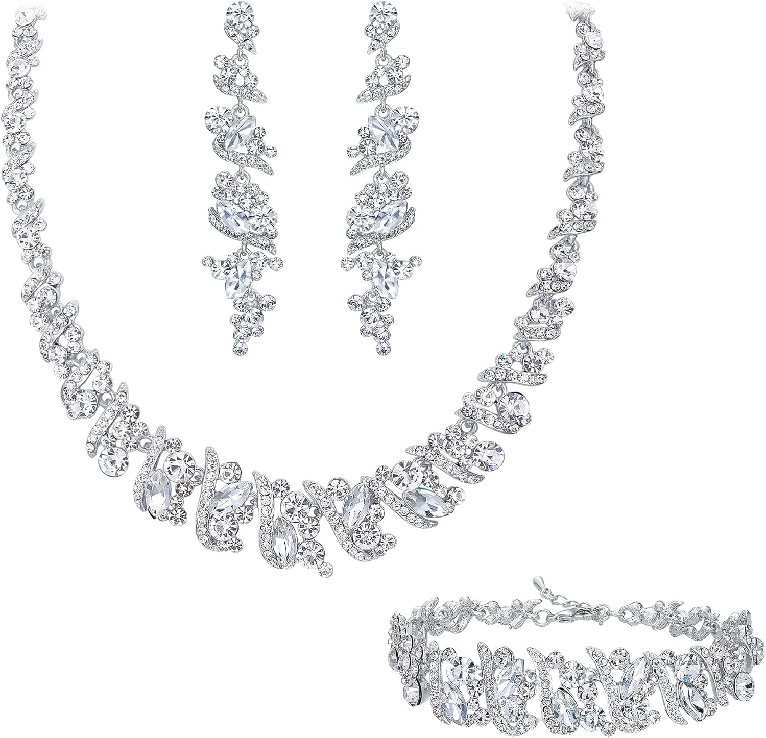 BriLove Women's Wedding Cluster Leaf Crystal Jewelry Set Collar Bib Necklace Sparkle Bracelet Leaves Dangle Earrings for Bride Bridesmaid