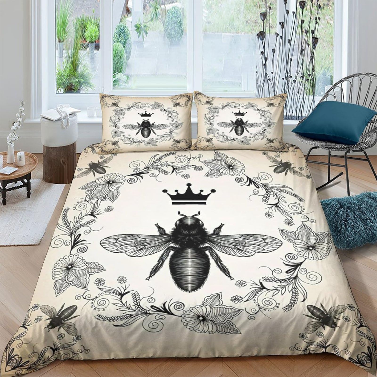 Ctjqhvkz Style-10 3D Printed Vintage Bee Fitted Sheet Microfiber Soft Crown Insect Bed Cover For Bedroom Guest Room Dorm Decor Mattress Protection Single（135X200cm）