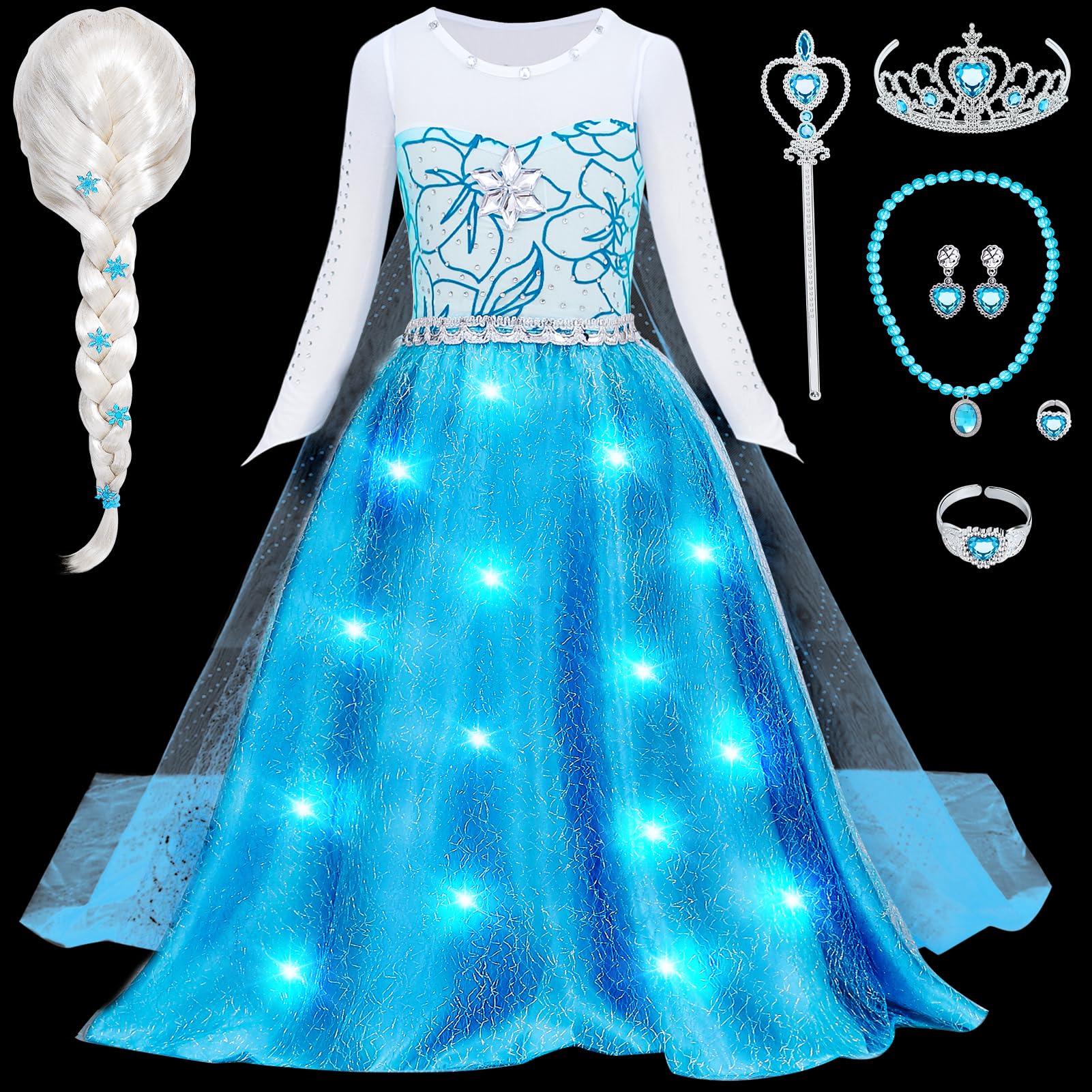G.C LED Luminosa Disfraz Princesa Niña Disfraz Elsa Frozen con Accesorios Elsa Peluca Corona Varita Magica Vestido Princesa Cumpleaños Disfraz Carnaval Halloween Navidad Cosplay