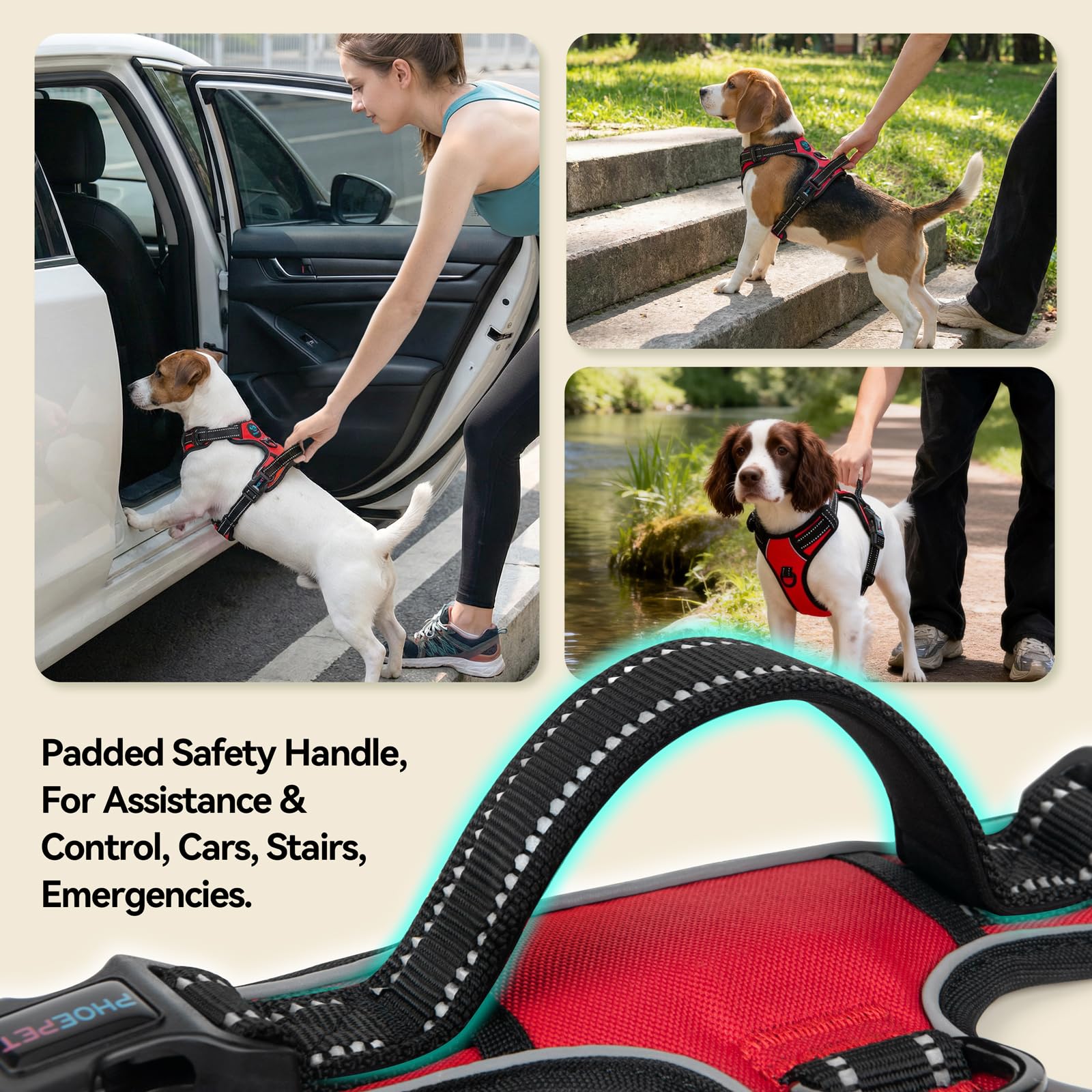 PHOEPET - Arnés para perro sin tirar, reflectante, ajustable, con 2 ganchos de metal y mango suave