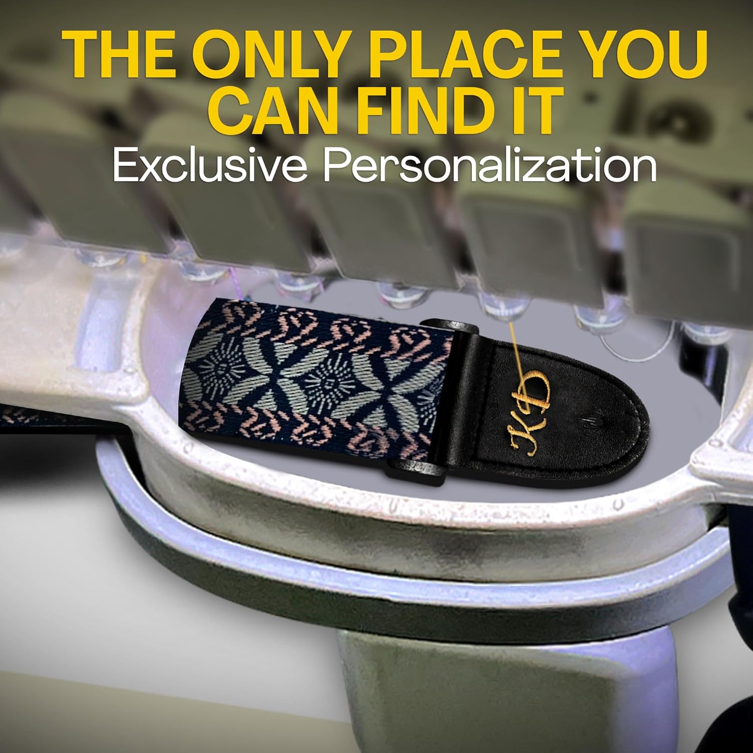 Personalized Guitar Strap Golden Embroidery including - 2 Picks + Locks + Secure Button. Add Your Text and We Make It Especially For You . Get Your Own Custom Guitar Strap, No Shipping Cost!