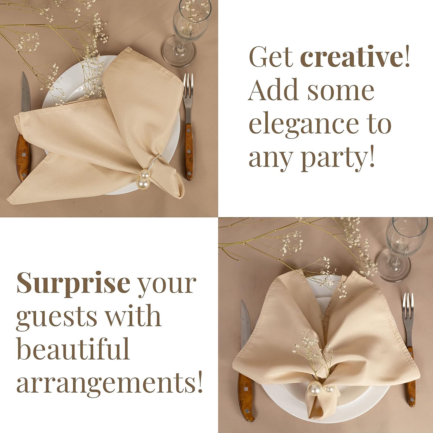 Napkin Rings and Table Polyester Napkins - 6 Pcs Pearl Round Ring Holders and 6 Pcs Beige Linens Ready to Use for Casual or Formal Decor Dinner - Elegant Brass Rings Holder Set - Ideal Table Case Gift : Home & Kitchen
