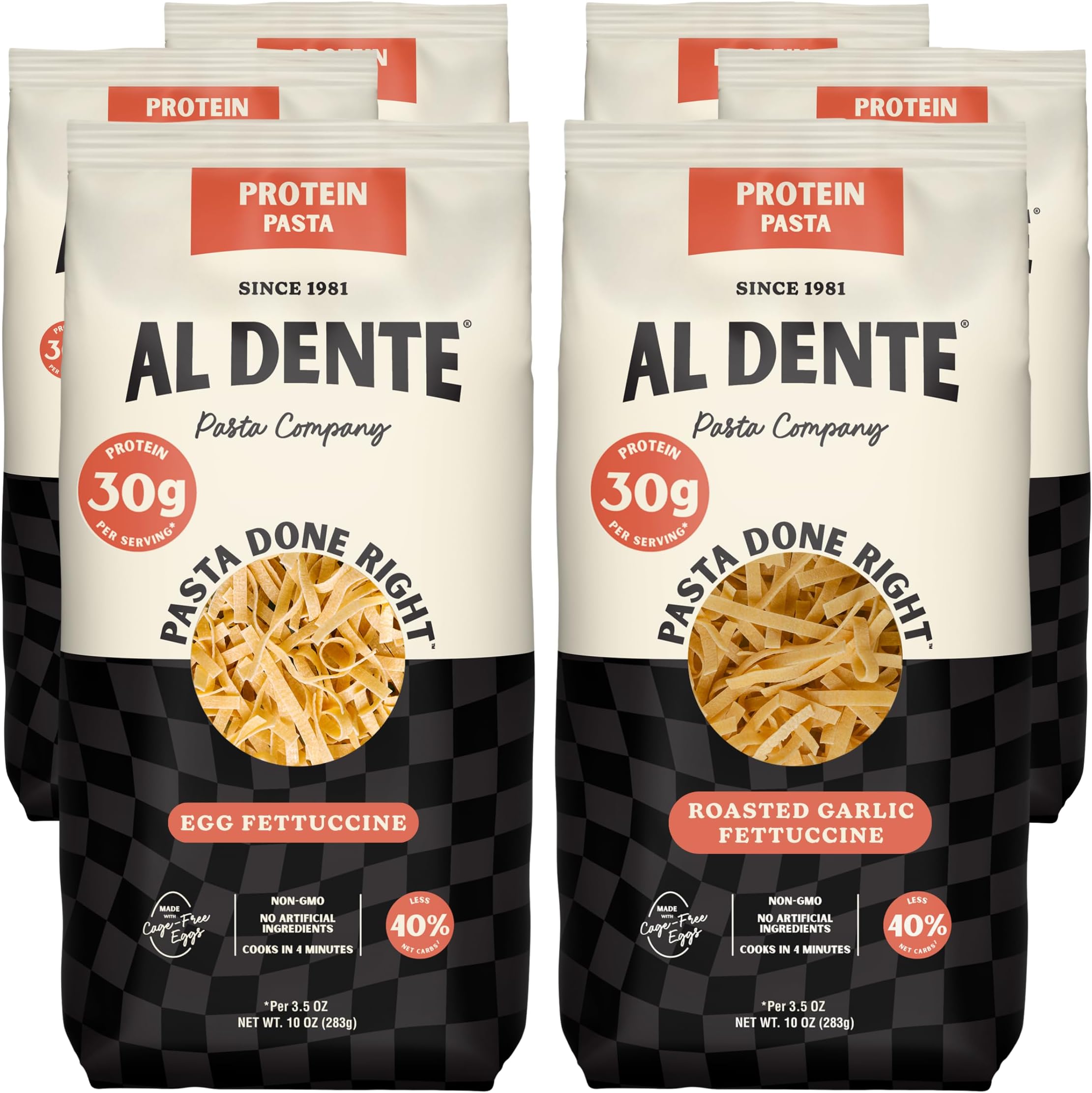 Al Dente Protein Pasta Egg & Roasted Garlic Fettuccine - 30g High Protein in 3.5oz Serving, Lower Carb. Cage-Free Eggs & Semolina. (Previously Carba-Nada, Packaging May Vary) - 10oz Bags (Pack of 6)