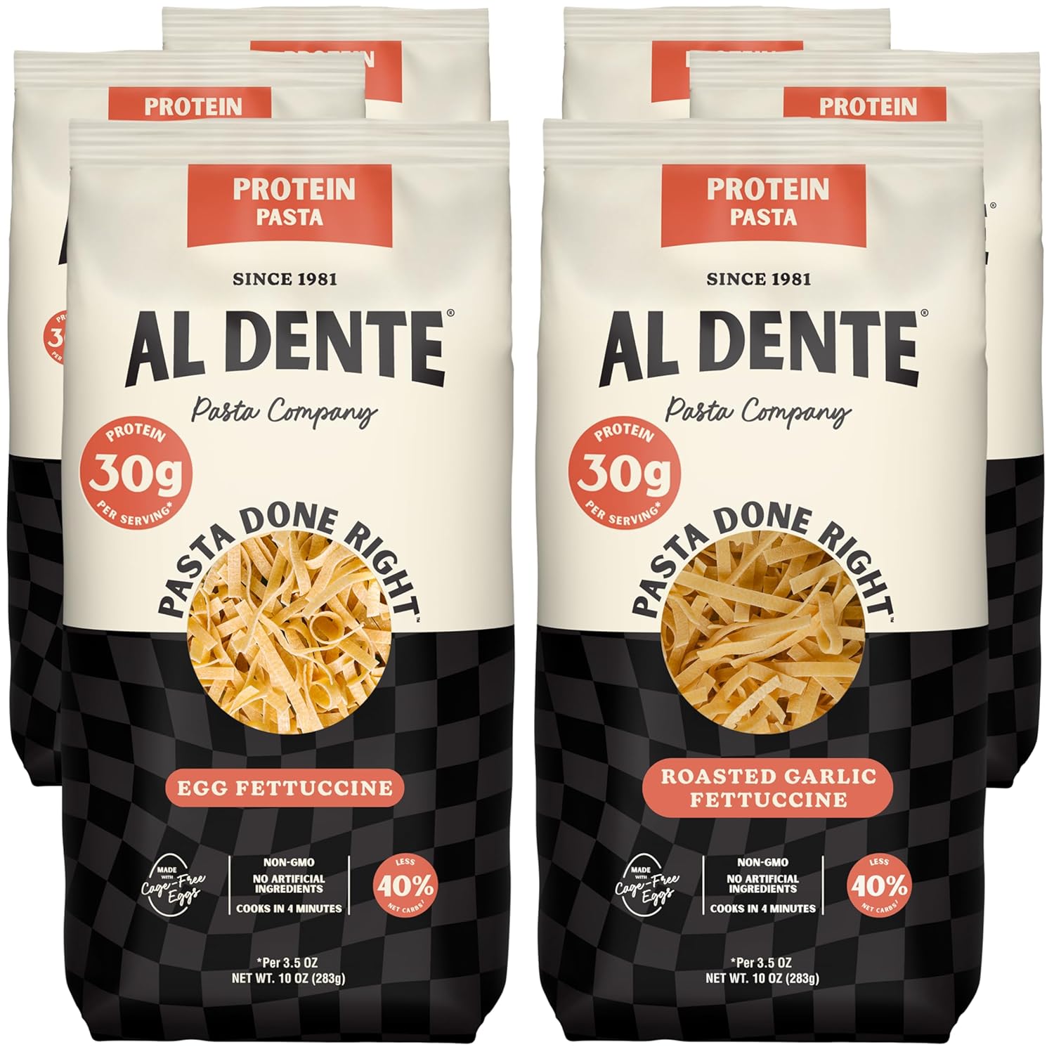 Al Dente Protein Pasta Egg & Roasted Garlic Fettuccine - 30g High Protein in 3.5oz Serving, Lower Carb. Cage-Free Eggs & Semolina. (Previously Carba-Nada, Packaging May Vary) - 10oz Bags (Pack of 6)