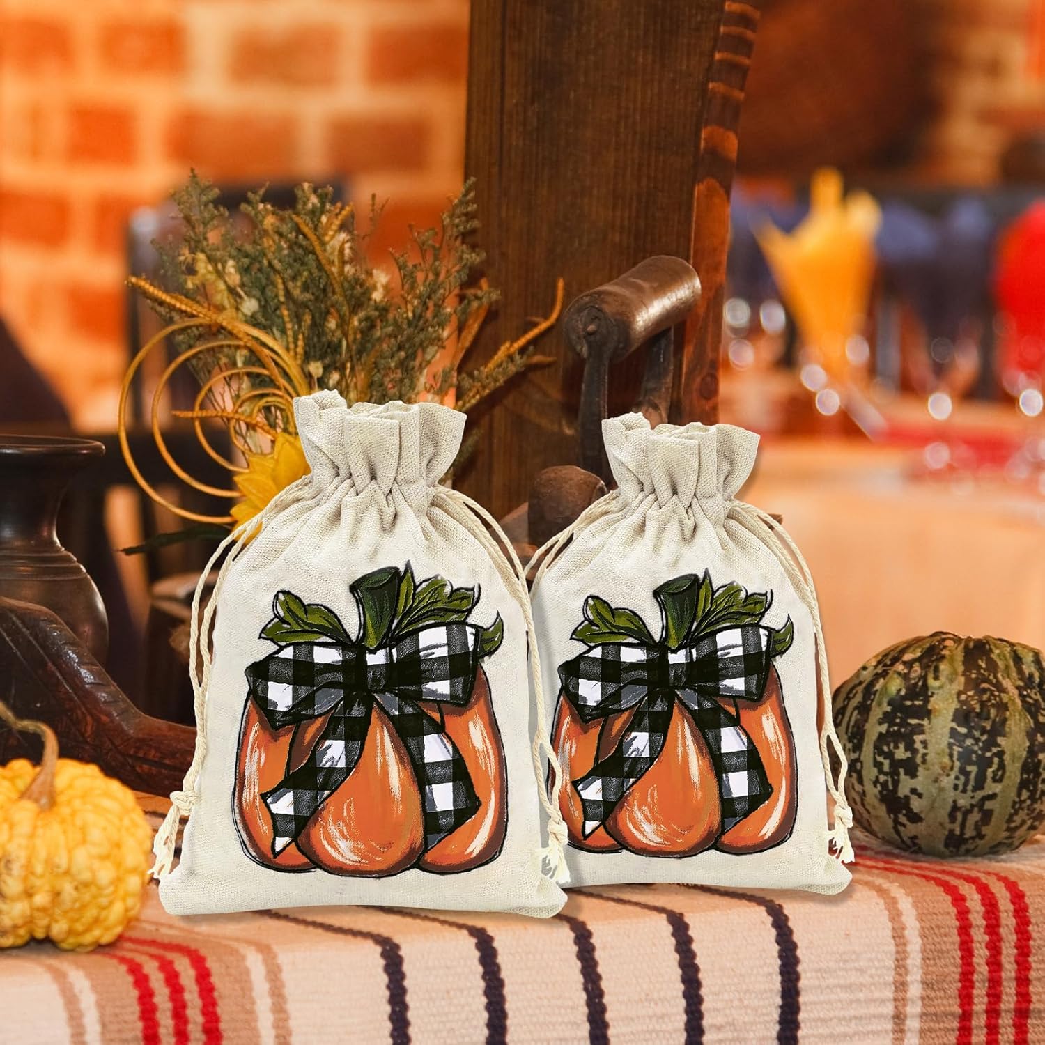 Whaline 24 Pack Fall Burlap Bags Pumpkin Drawstring Bags Watercolor Plaid Pumpkin Gift Bag Autumn Harvest Linen Jute Goody Bag for Fall Thanksgiving Christmas Halloween Party Favor DIY Craft Decor - Image 5