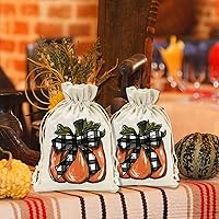 Vista 5 de Whaline Paquete de 24 bolsas de arpillera de otoño, bolsas con cordón de calabaza, bolsas de regalo de calabaza a cuadros de acuarela, bolsa