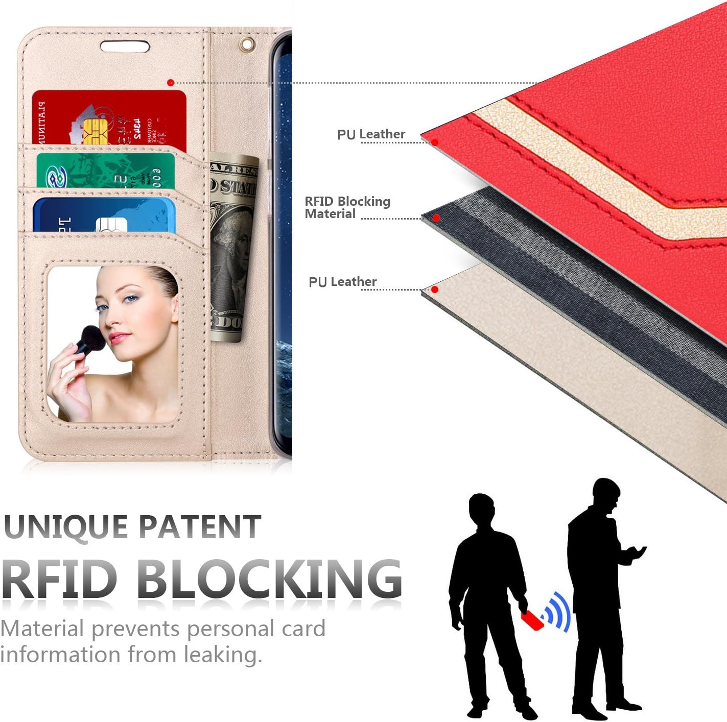 FYY Leather Case with Mirror for Samsung Galaxy S9 Plus, Leather Wallet Flip Folio Case with Mirror and Wrist Strap for Samsung Galaxy S9 Plus Red