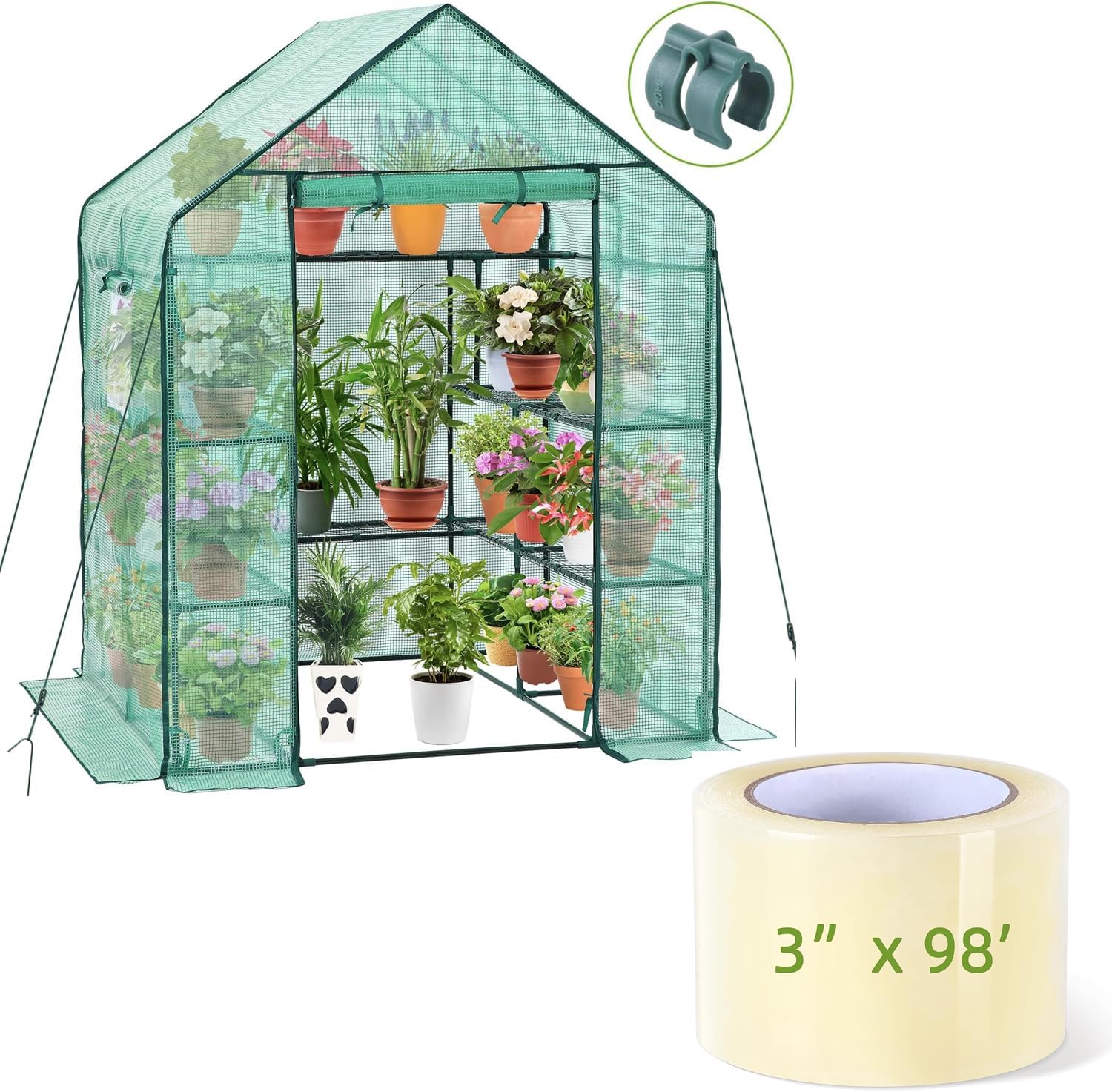 Ohuhu 4 Tiers 11 Shelves Greenhouses with 3" x 98' Repair Tape, Outdoor Walk-in Green House with Reinforced Clear Plastic Film Tape
