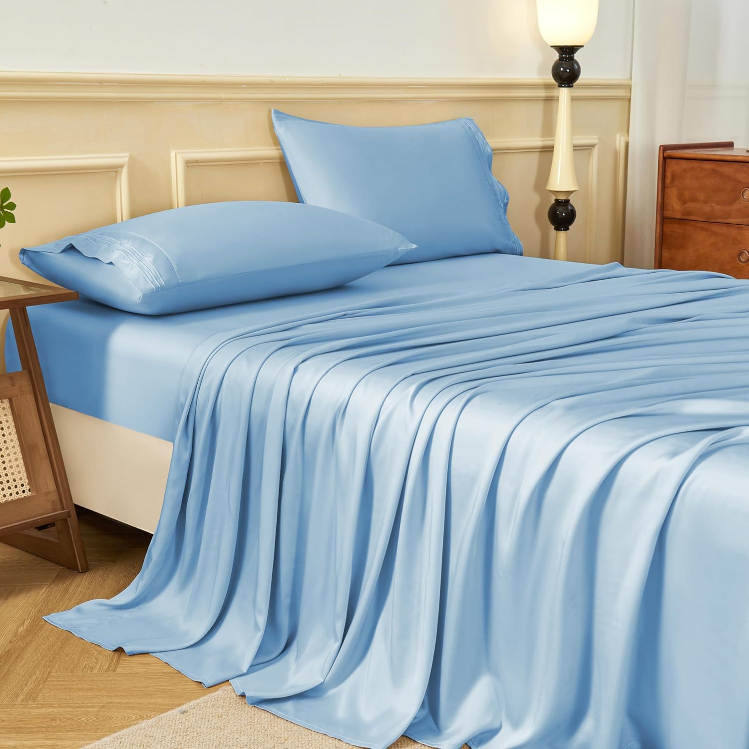 100% Viscose Derived from Bamboo Sheets for Hot Sleepers, 600 Thread Count, 16" Deep Pocket, Silky Soft, Cooling and Breathable, King, Blue