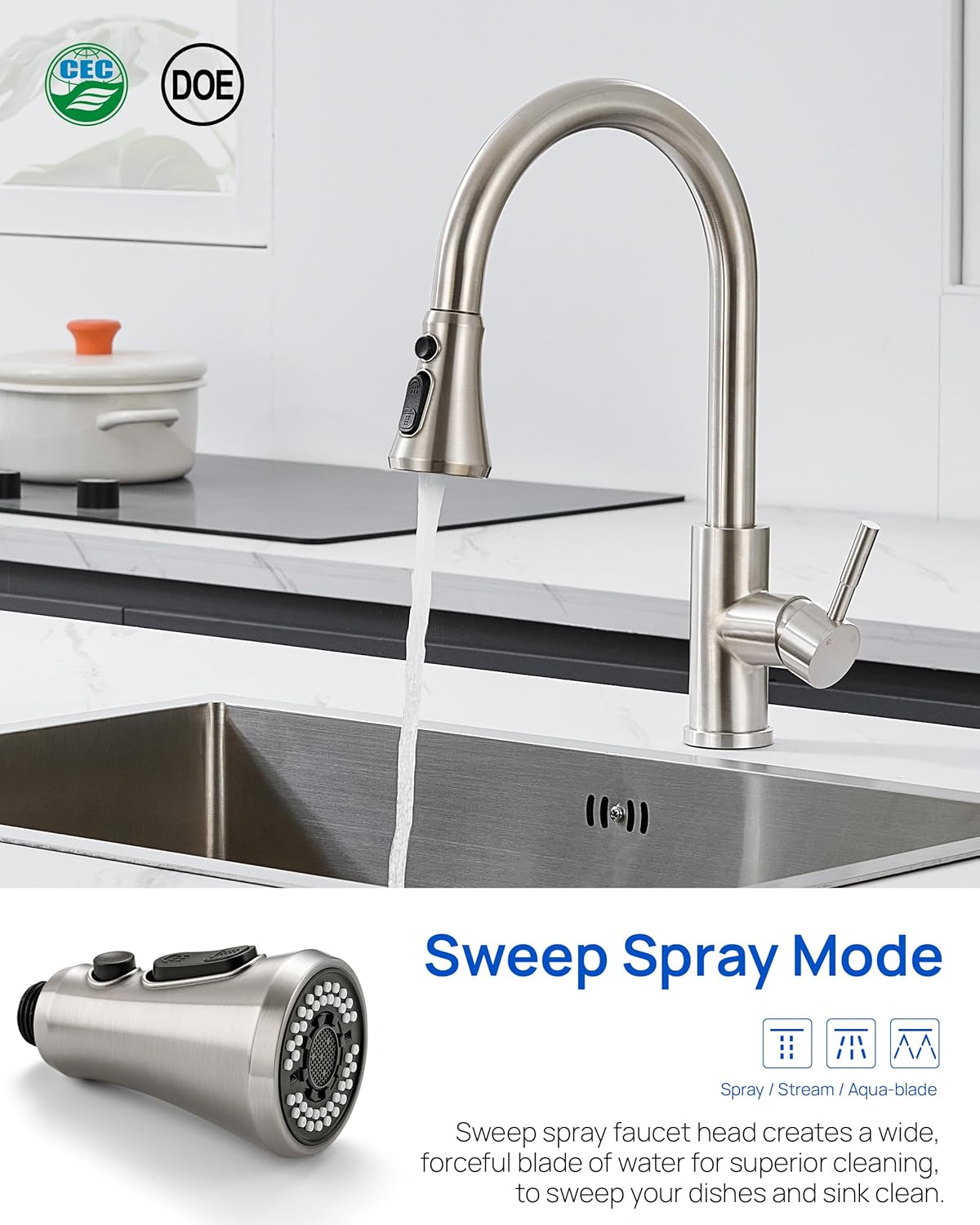 J-HVA Kitchen Faucet Head, Pull Down Kitchen Sink Sprayer Head Replacement for Kitchen Faucet, 3 Functions High Pressure Sink Spray Nozzle, Spray Head with 15 Adapters, Brushed Nickel