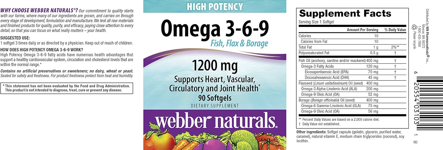Webber Naturals Omega 3-6-9 Flaxseed, Fish and Borage Oil Softgels, 90 Count