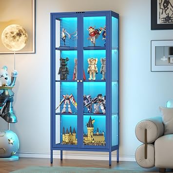 Glass Display Cabinet with Glass Doors & 8-Color LED Lights, Blue