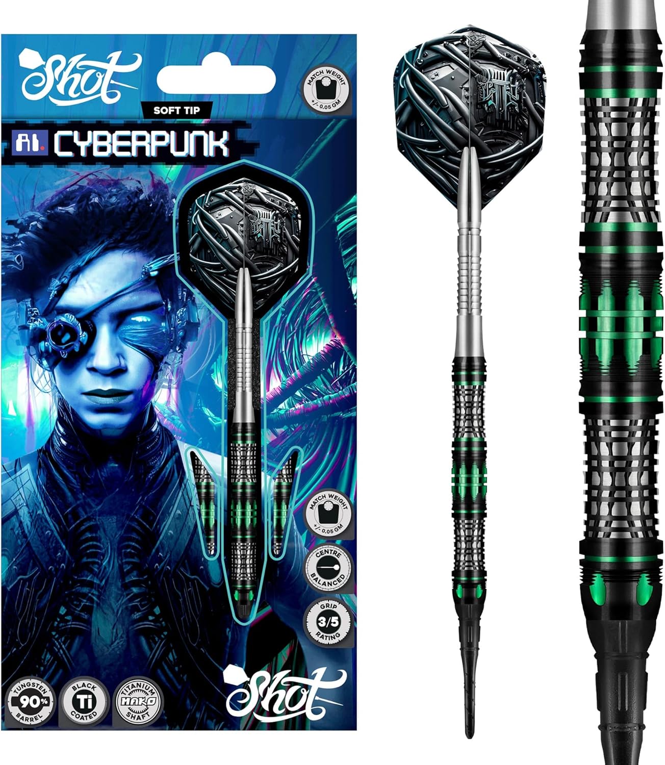 Shot! Darts AI Cyberpunk 90% Tungsten Pro Throwing Darts Soft Tip Set | Professional Soft Tip Darts Set for Electronic Dartboard | Made in New Zealand