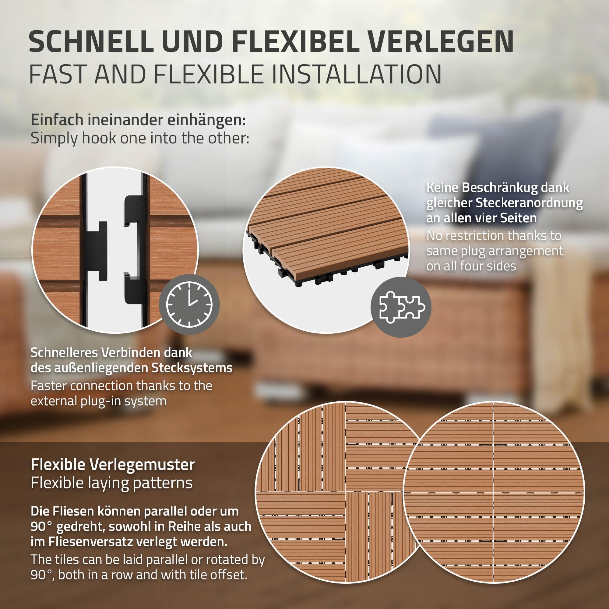 ECD Germany Piastrelle per Pavimenti da Esterno Piastrelle per Terrazze in WPC 30x30 cm Set di 22 pezzi per 2m ² Marrone Chiaro con Aspetto Legno Piastrelle da Giardino con Drenaggio e Sistema Plug-In
