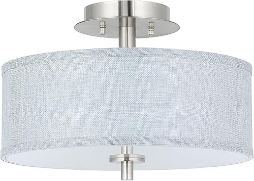 XiNBEi Lighting Lámpara de techo semiempotrada, lámpara de tambor de 14 pulgadas con pantalla de tela gris, lámpara de techo de níquel cepillado de