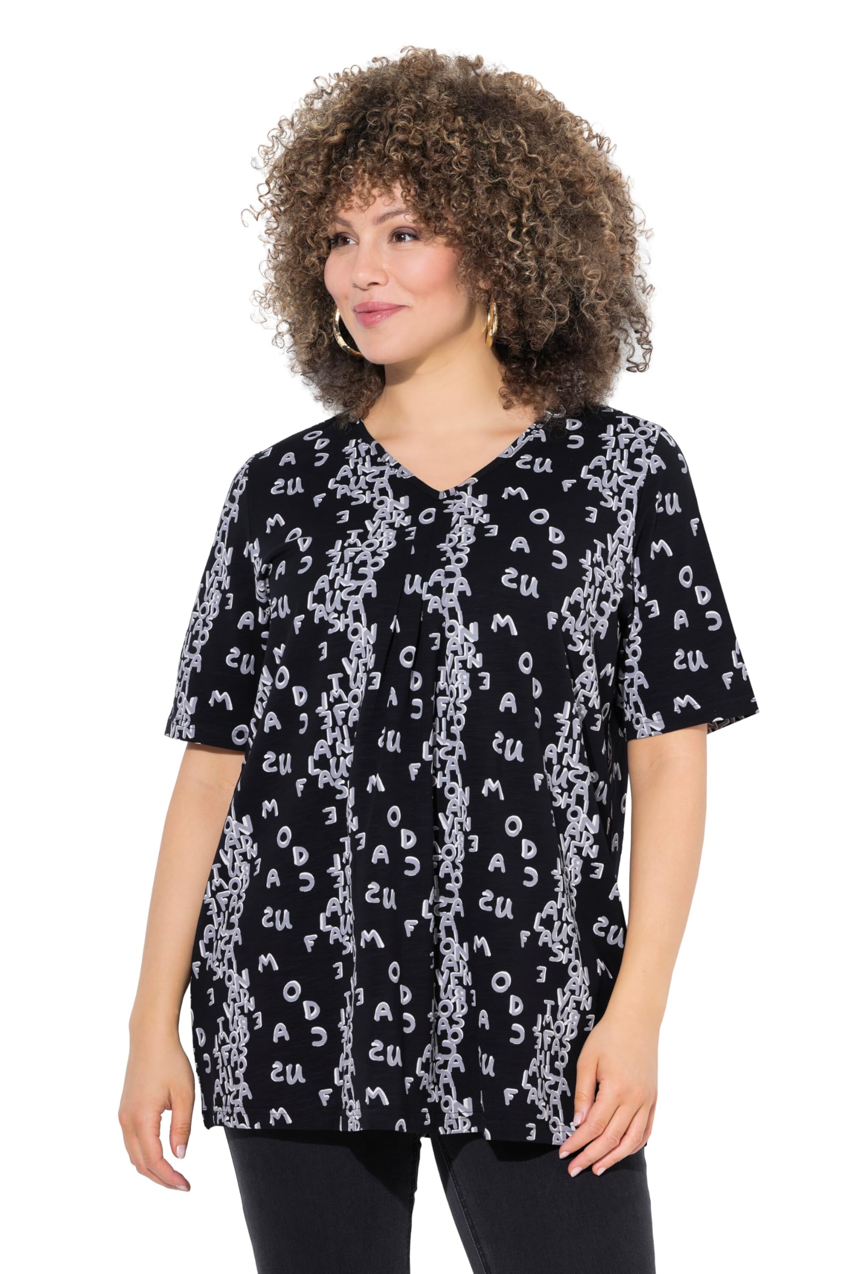 Ulla Popken Damen große Größen Übergrößen Plus Size T-Shirt, Buchstaben, A-Linie, V-Ausschnitt, Halbarm 842944