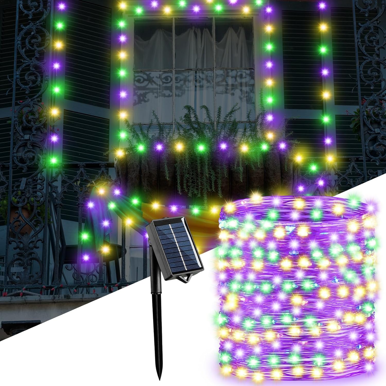 98ft 8 Modes 300 LED Solar Mardi Gras Lights Outdoor Decor Waterproof Solar Lights for Outside Christmas Yard Decor Supplies(Yellow Green Purple,1 Pieces)