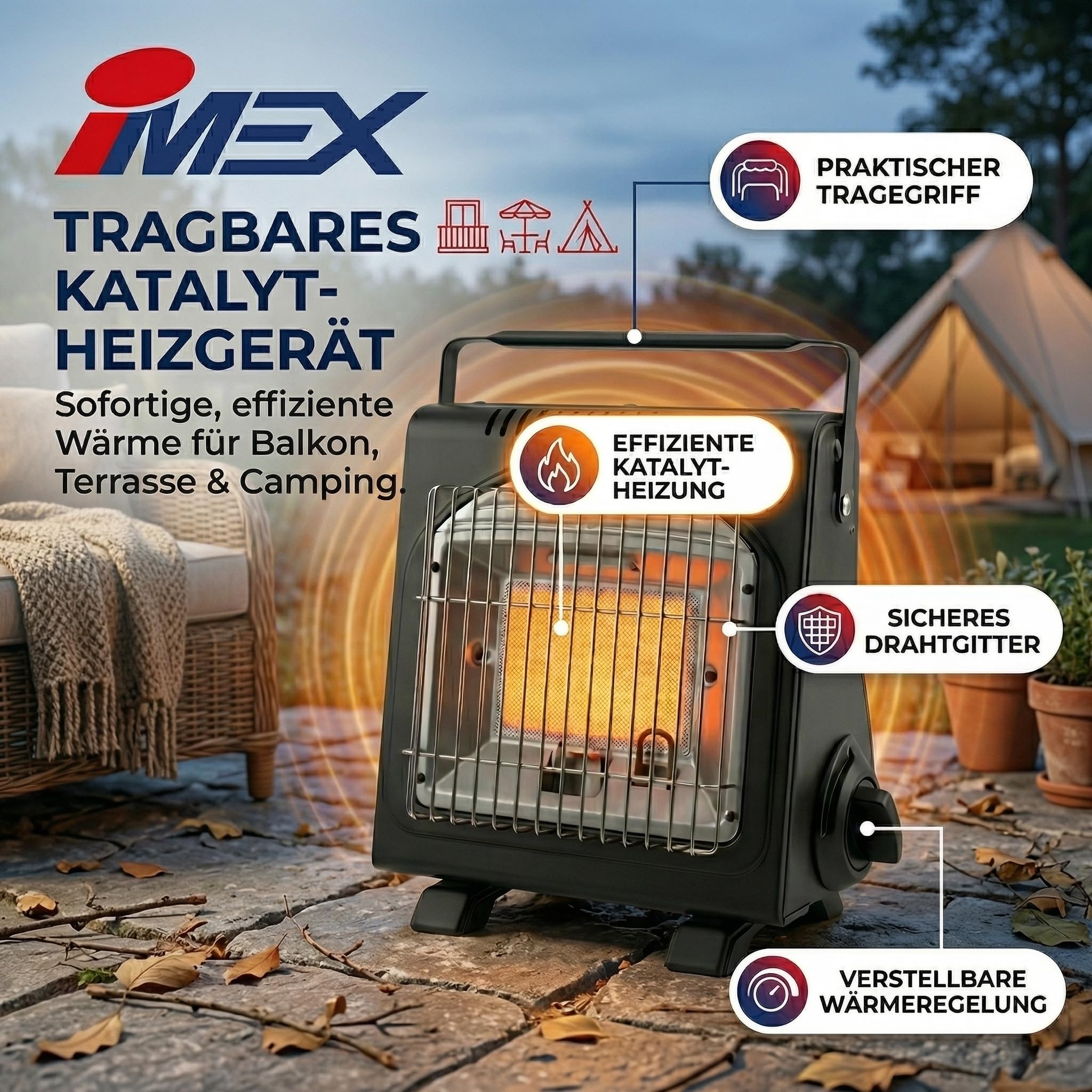IMEX Gasheizung Camping – 1,7 kW Mobile Zeltheizung mit ODS Sauerstoffmangel-Sicherung & Umkippschutz – Keramik Heizstrahler für Outdoor, Angeln & Notfall (Gasheizung ohne Gaskartuschen)