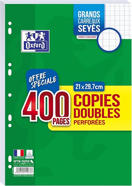 OXFORD Lot de 400 Pages Copies Doubles Grands Carreaux Seyes Format A4 (21x29,7cm) Perforees - 1