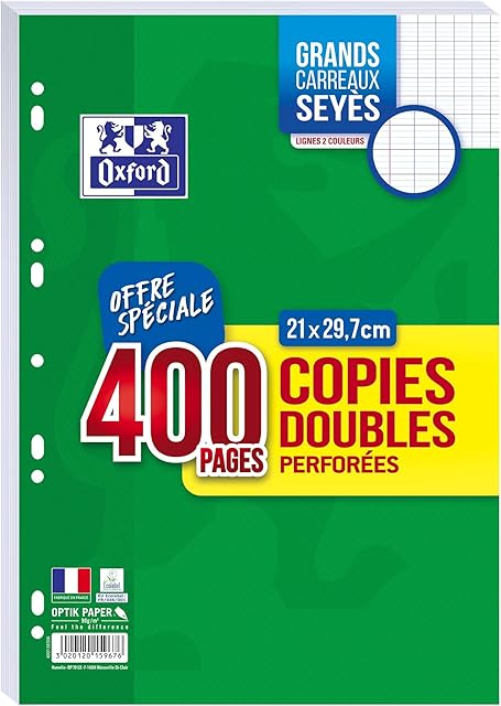 Oxford Set of 400 Double Pages Large Squared A4 Format (21 x 29.7 cm) Perforated