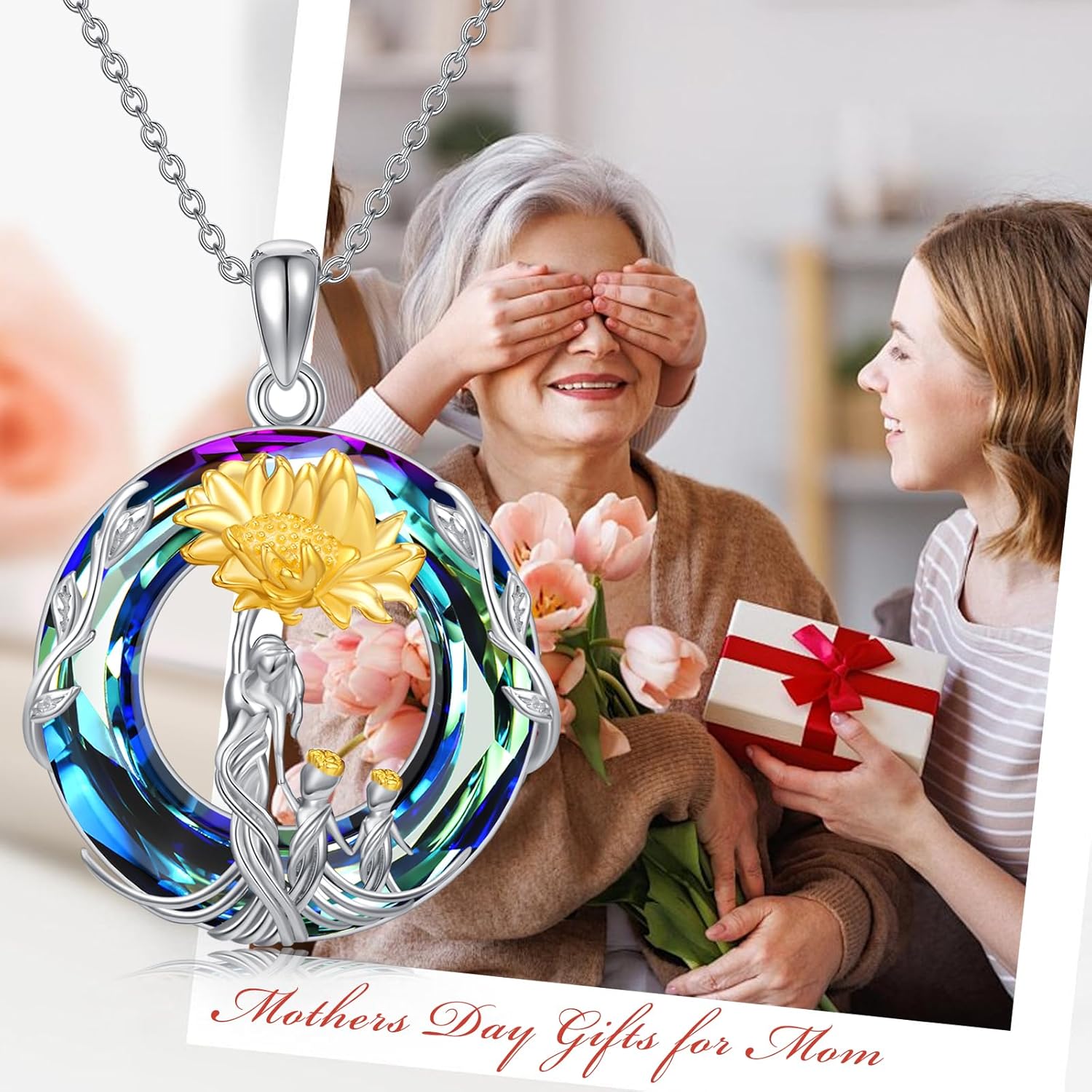 TOUPOP Gifts for Mom 925 Sterling Silver Mother and Daughter/Son Necklace Rose Flower with Crystal Jewelry Valentines Day Birthday Gifts for Women Wife Grandma - Image 3