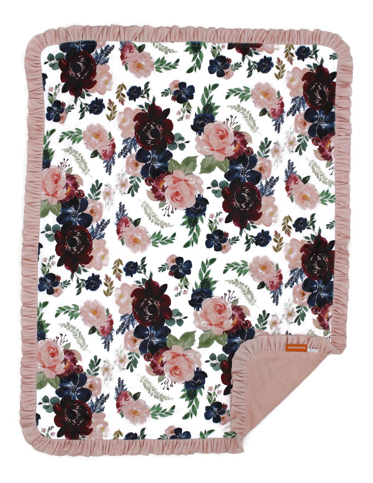 Dear Baby Gear Deluxe Baby Blanket, Double Layer Minky, Blush, Burgundy and Navy Floral, Blush Minky Smooth, Blush Ruffle, 43 x 33 Inches