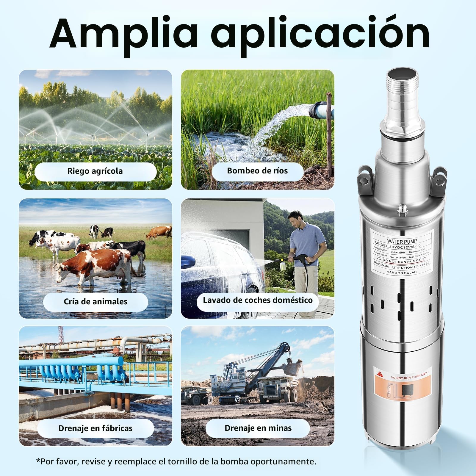 Bomba sumergible para pozos profundos, bomba de agua, silenciosa, bomba solar sumergible, bomba de acero inoxidable, hasta 20 m, 1,2 m³/h, 12 V, 180 W