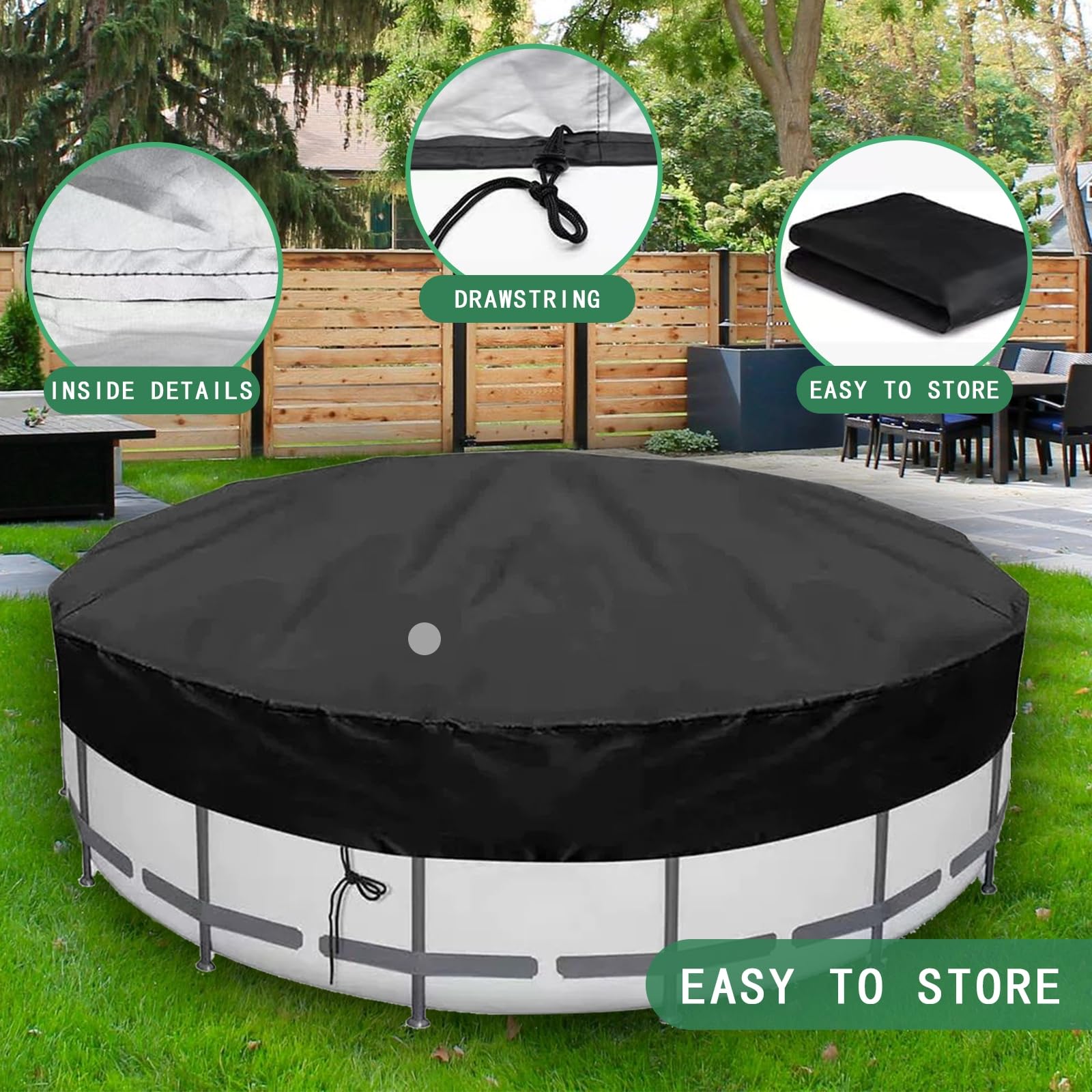 Cubierta redonda para piscina de 10 pies con cordón, tela duradera resistente al desgarro para piscinas sobre el suelo, evita hojas y escombros, fácil instalación, color azul, se adapta a 366 cm