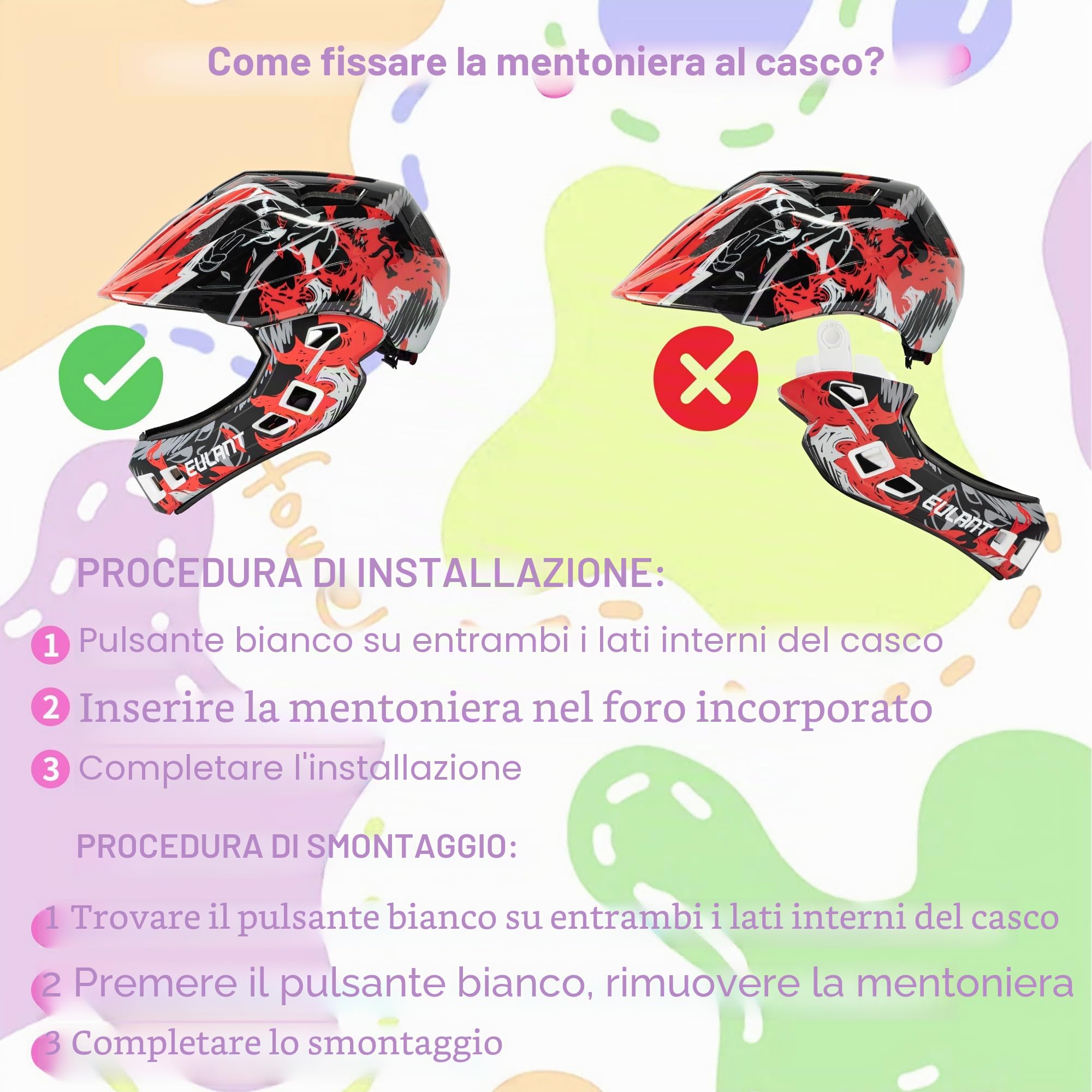 EULANT Casco da Bici per Ragazzi e Ragazze, Casco Integrale con Protezione per Mento, per Bici BMX MTB Downhill Motocross Scooter, per Bambini dai 5-10 Anni (Dimensione della Testa 52-56cm)