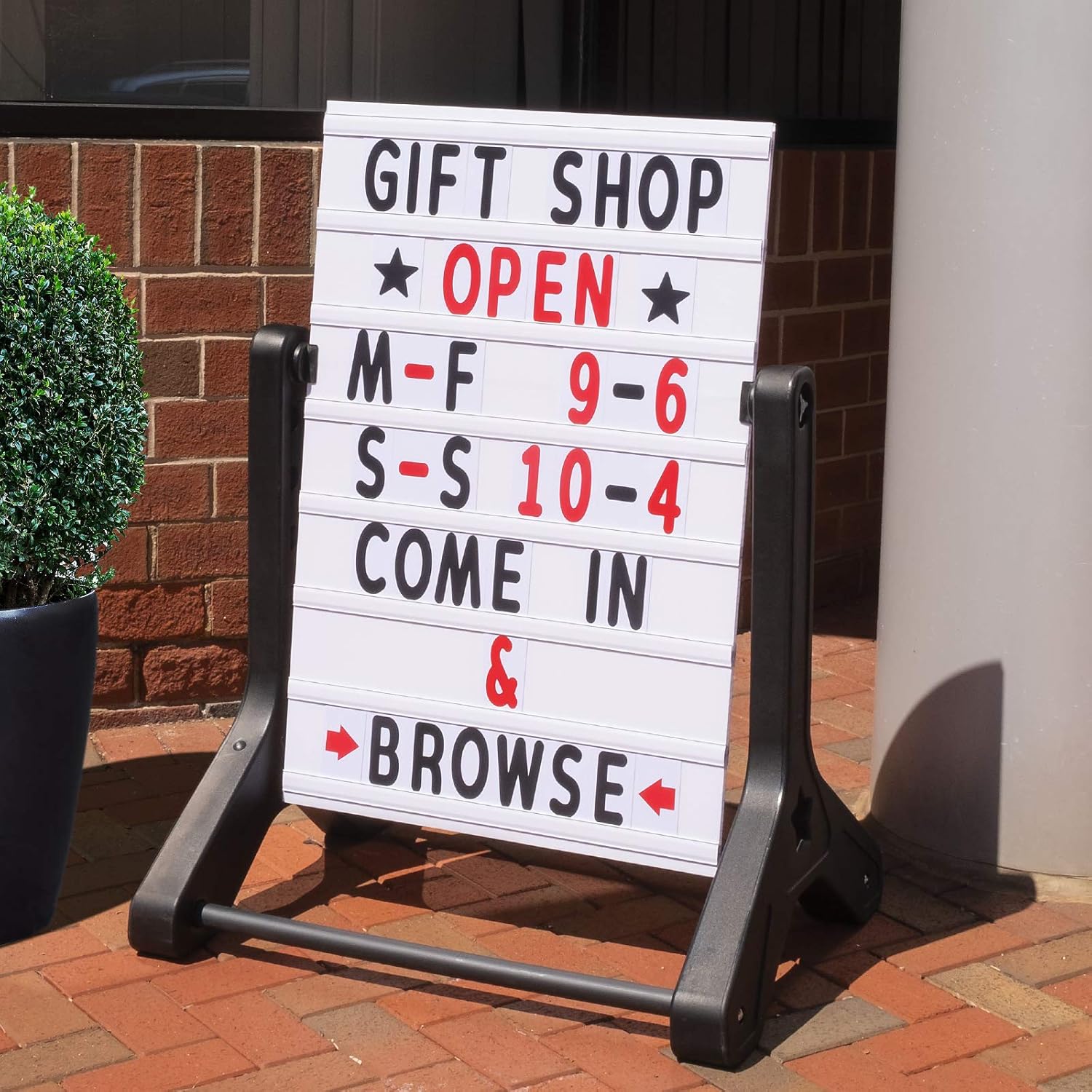 Swinging Changeable Message Sidewalk Sign: 24" x 36" Sign with 792 Pre-Cut Double Sided Letters and Storage Box. Includes Black Board & Letter Board (Black Color Legs)