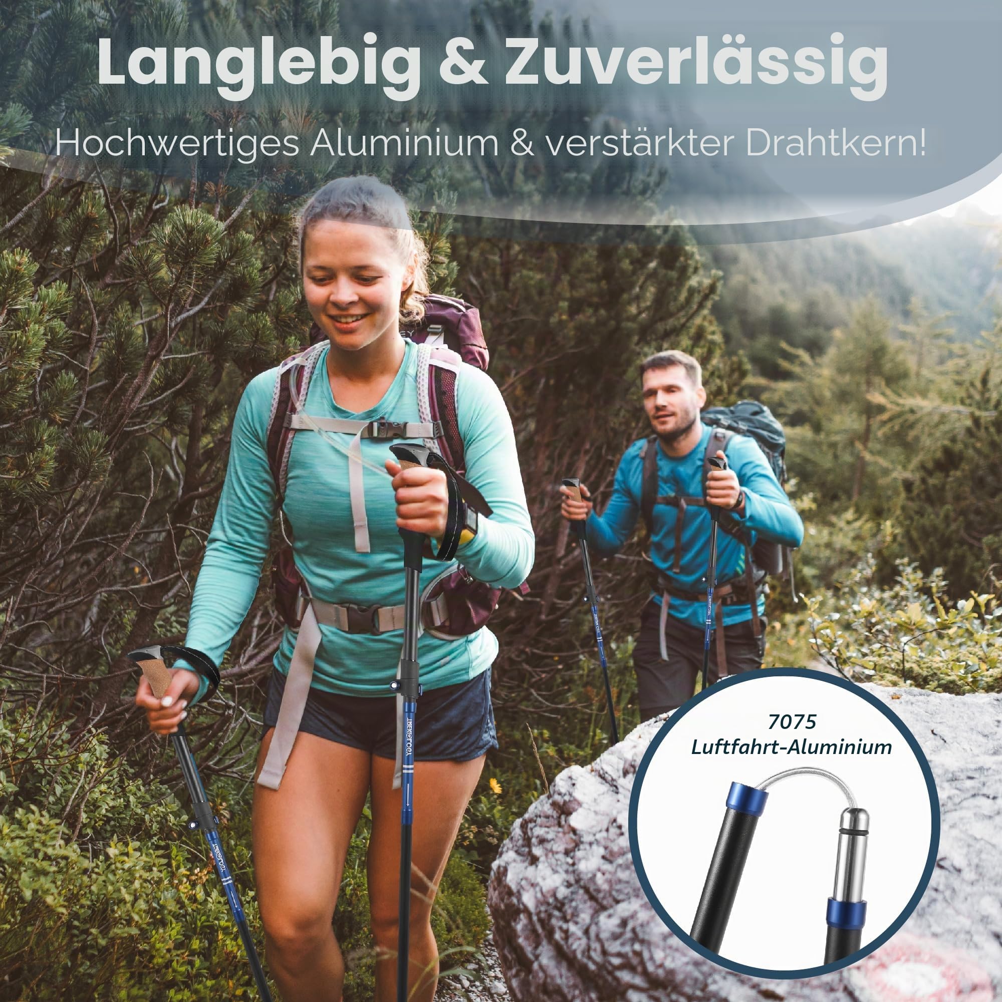 TREKOLOGY Wanderstöcke Faltbar – Leichte, Verstellbare Aluminium Walking Stöcke mit Korkgriffen – Kompakte, Zusammenklappbare Wanderstöcke – 2 Stück – Schwarz, TREKZ SE