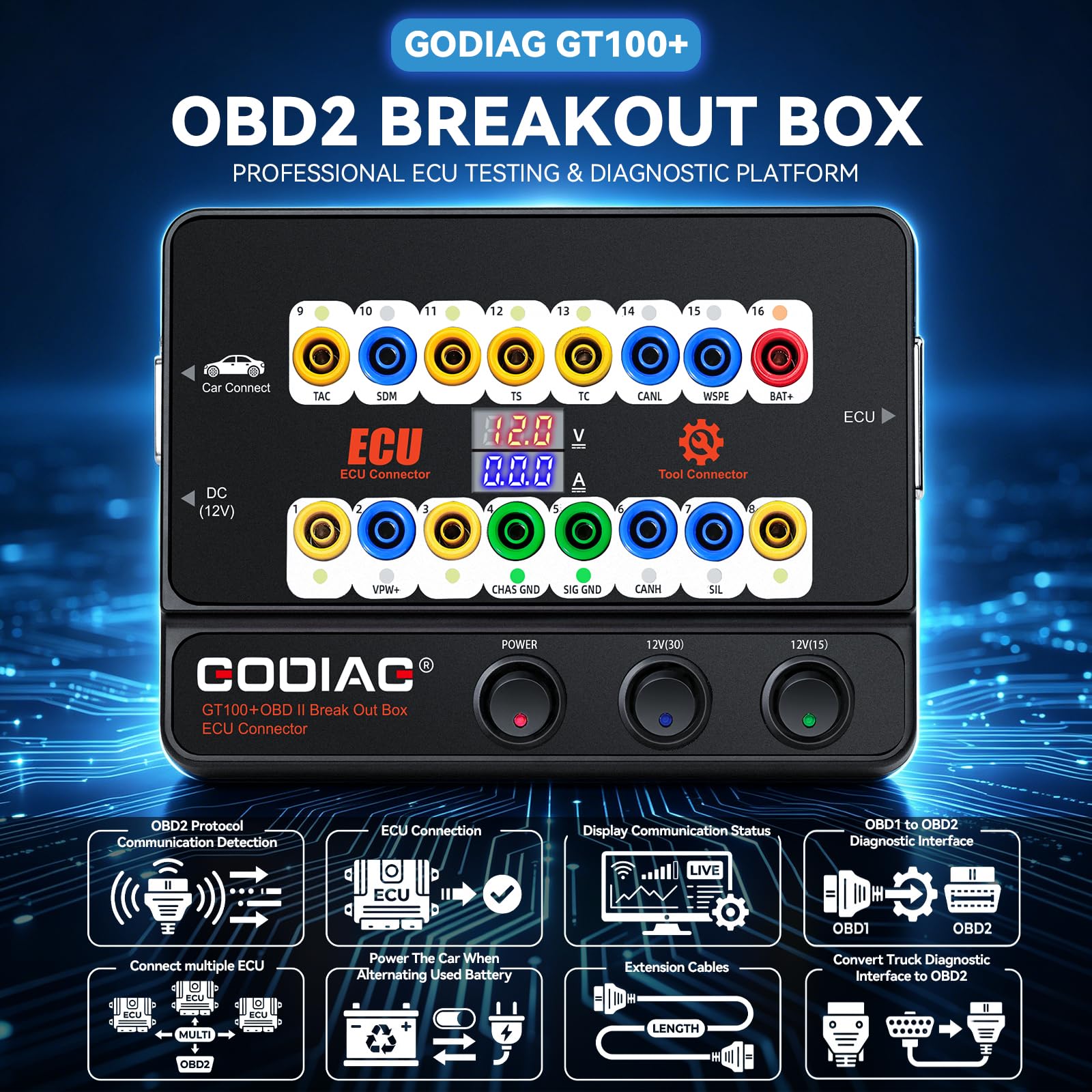 GODIAG GT100+ OBD2 Boîtier de dérivation 16 broches pour automobile ECU Outil de diagnostic pour test de banc et test de signal Canbus/K-LINE