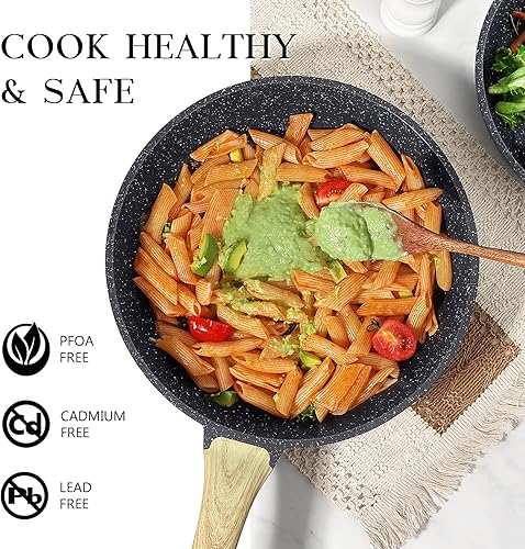 Miniatura 5 de GiPP Sartén antiadherente con tapa, sartenes antiadherentes de granito gris de 8 pulgadas, sartén para tortilla con mango resistente al calor,